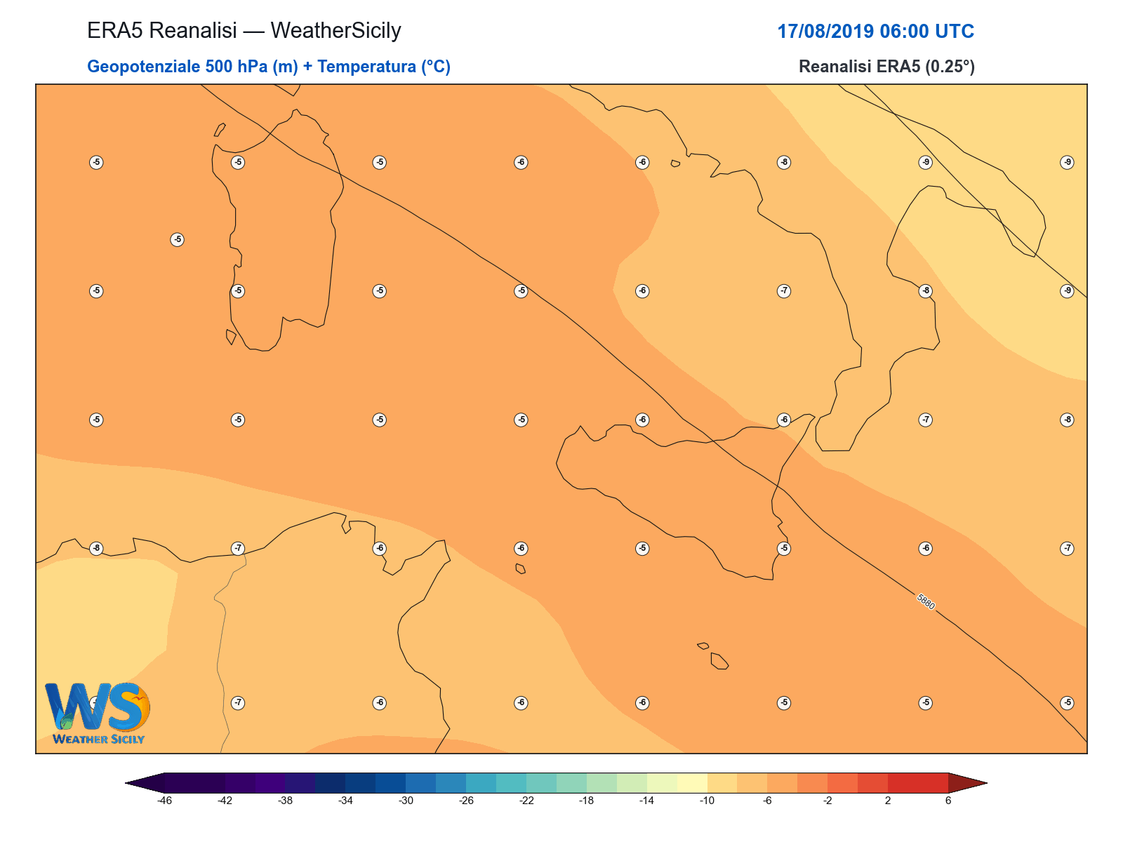 Geopotenziale 500 hPa + Temperatura · 2019081706