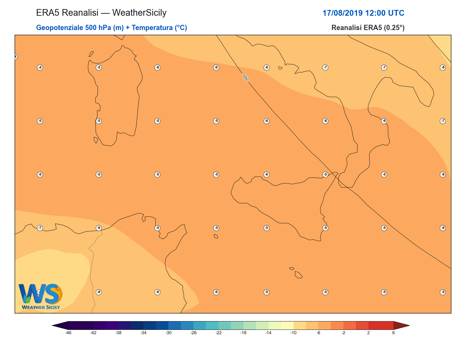 Geopotenziale 500 hPa + Temperatura · 2019081712