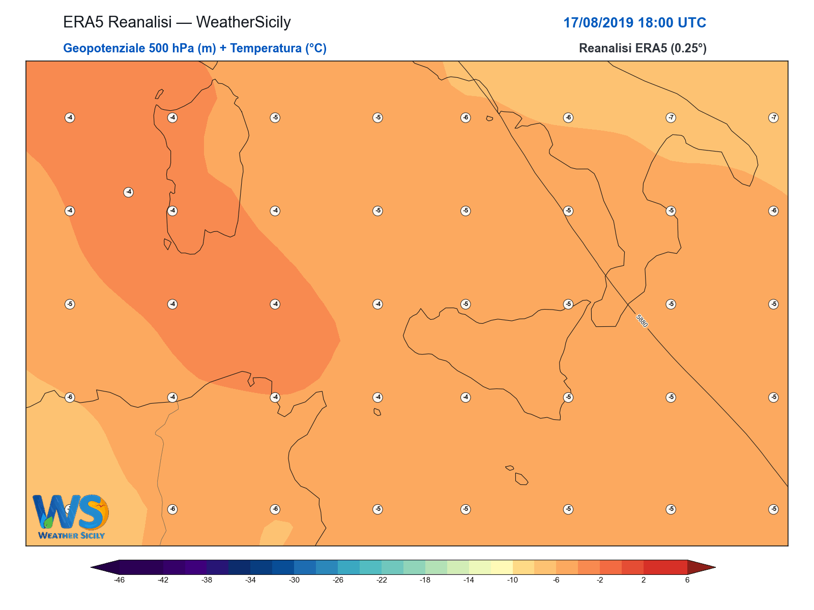 Geopotenziale 500 hPa + Temperatura · 2019081718