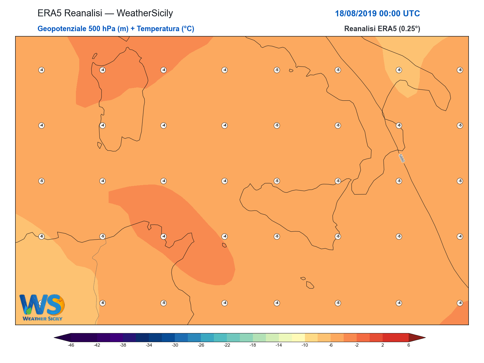 Geopotenziale 500 hPa + Temperatura · 2019081800