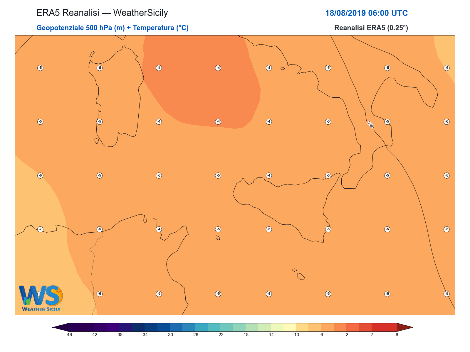Geopotenziale 500 hPa + Temperatura · 2019081806