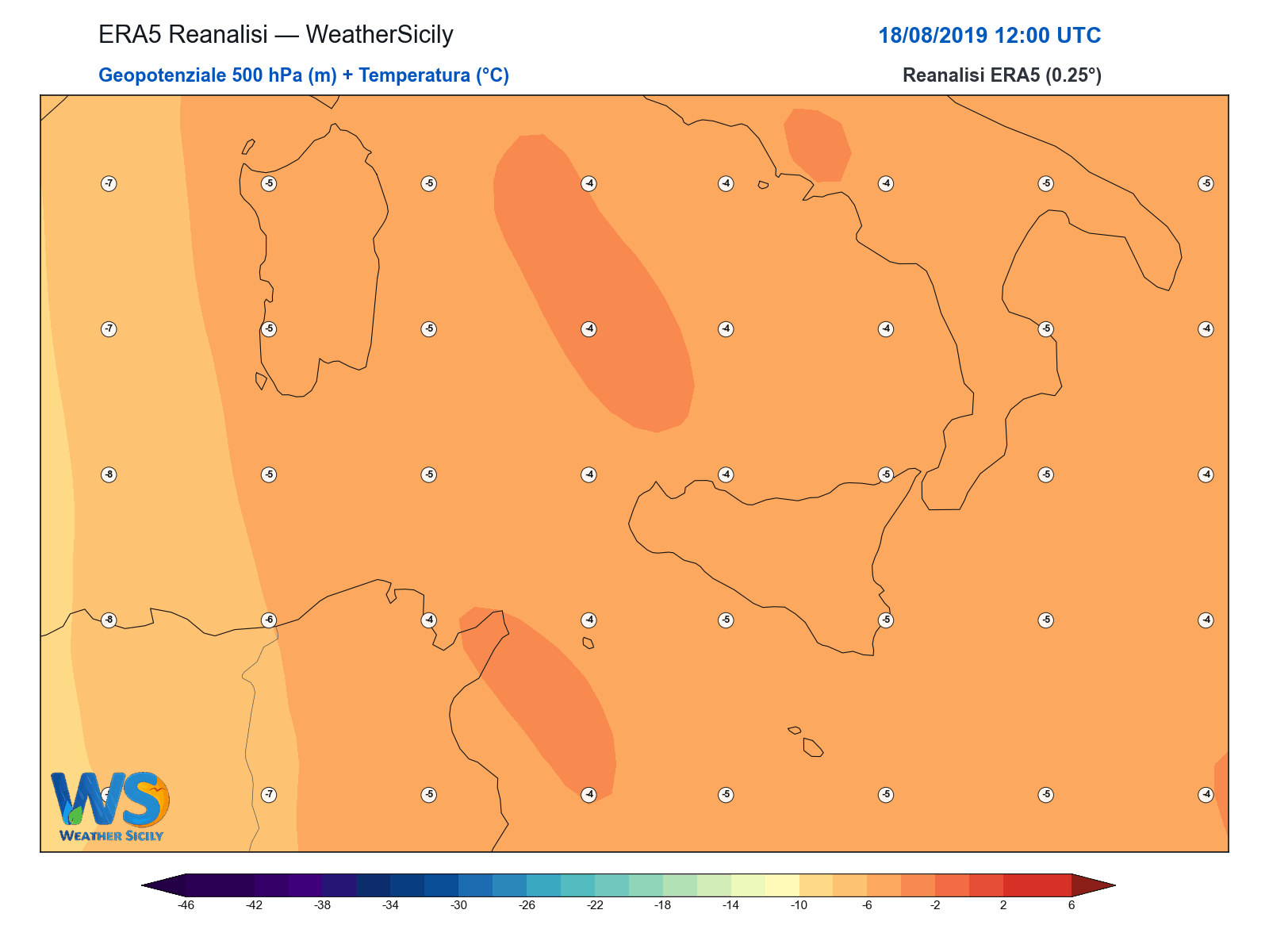 Geopotenziale 500 hPa + Temperatura · 2019081812