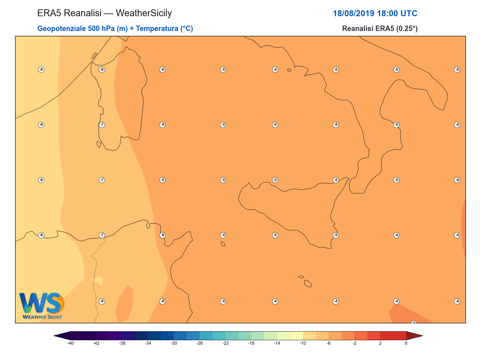 Geopotenziale 500 hPa + Temperatura · 2019081818