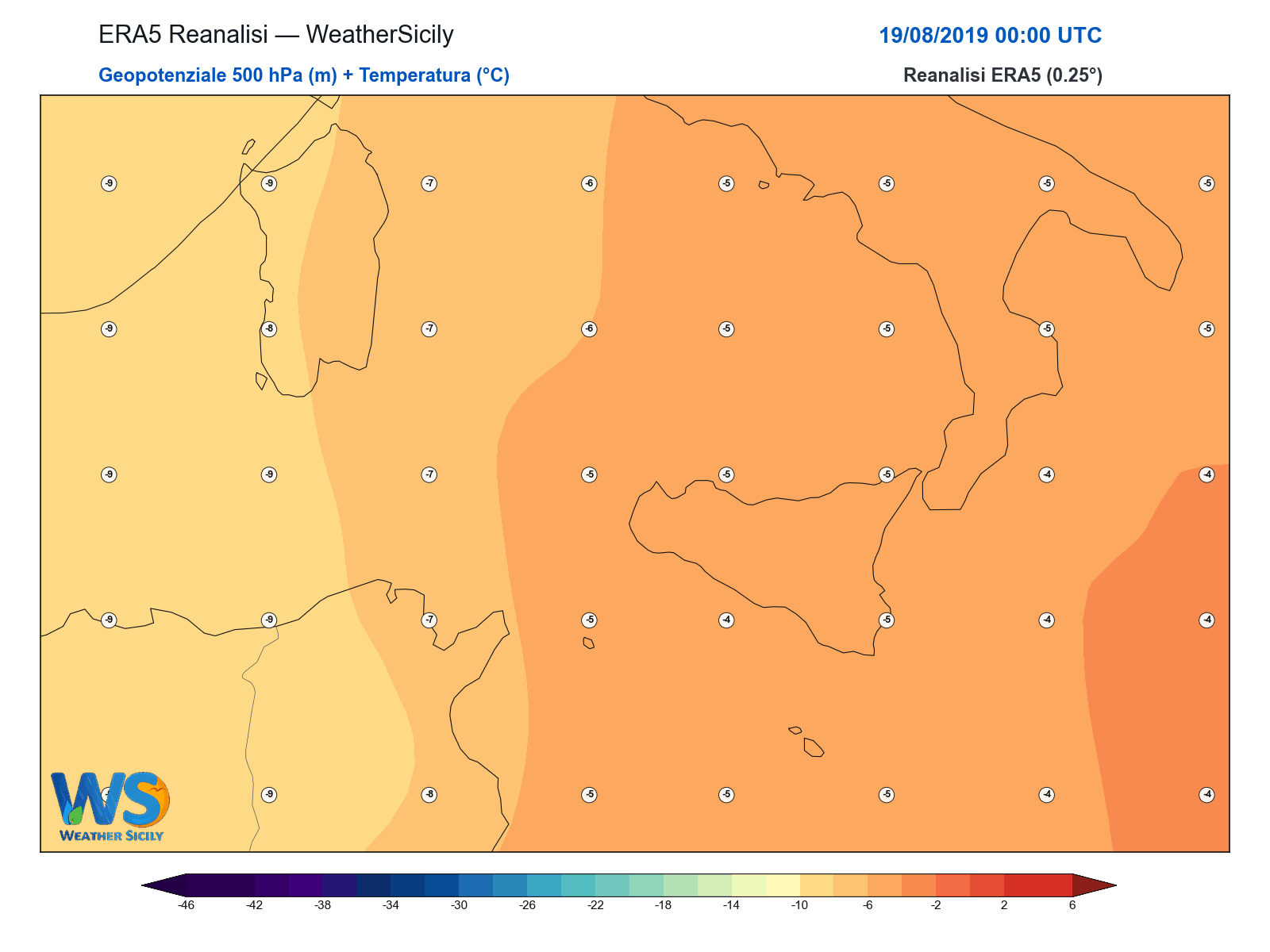 Geopotenziale 500 hPa + Temperatura · 2019081900