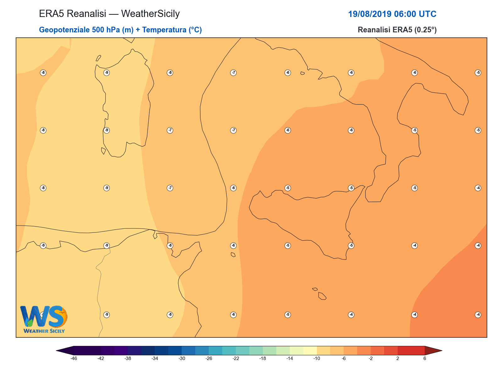 Geopotenziale 500 hPa + Temperatura · 2019081906