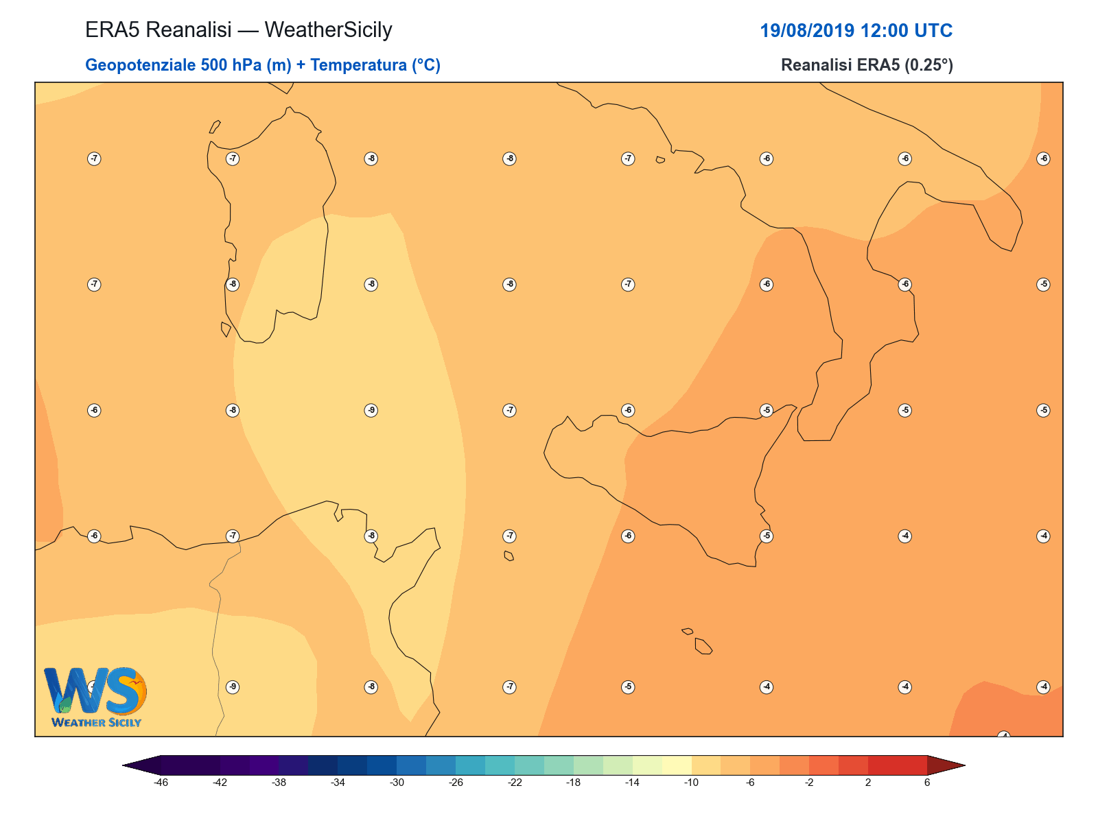 Geopotenziale 500 hPa + Temperatura · 2019081912
