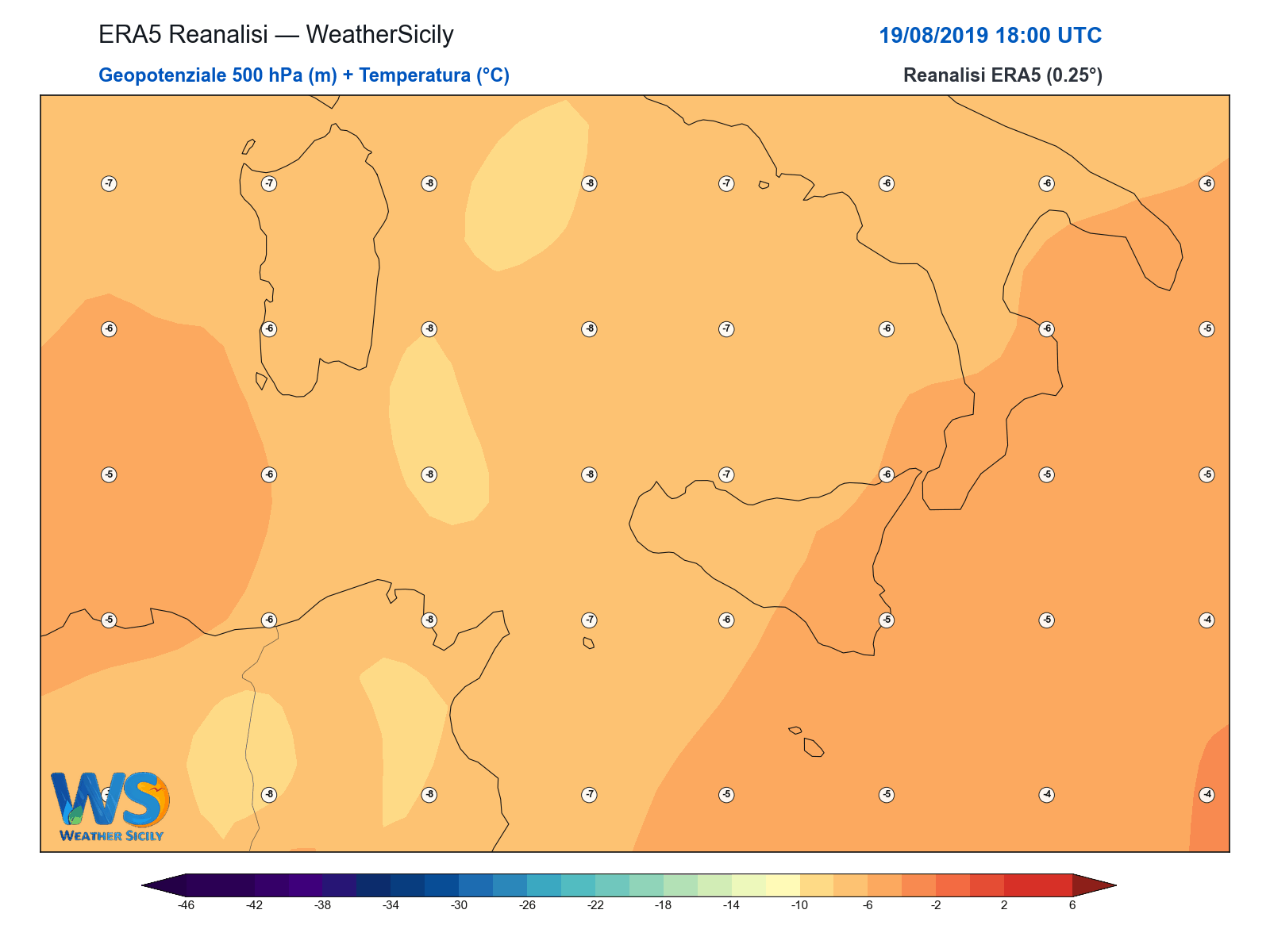 Geopotenziale 500 hPa + Temperatura · 2019081918