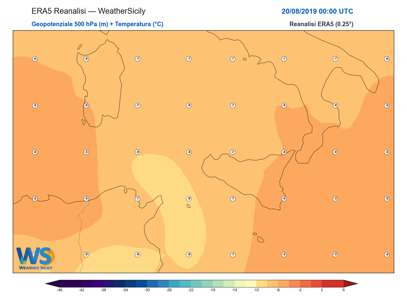 Geopotenziale 500 hPa + Temperatura · 2019082000