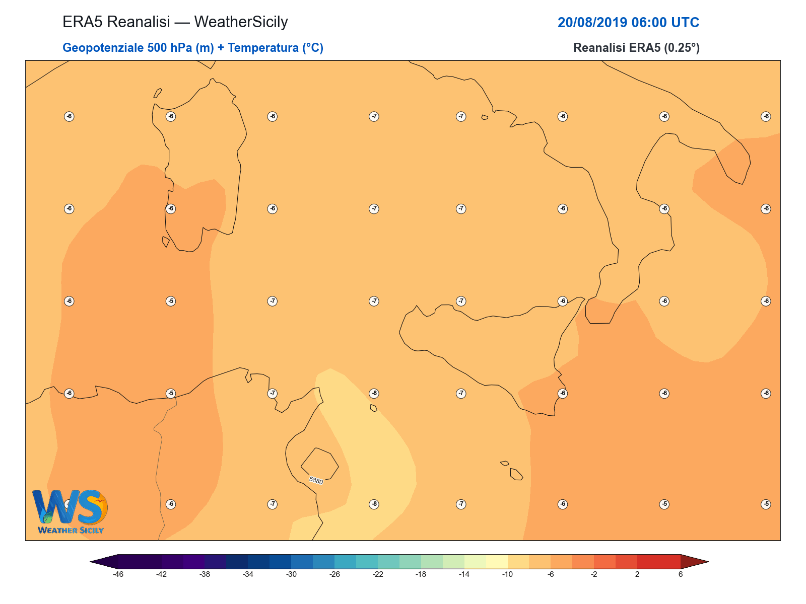 Geopotenziale 500 hPa + Temperatura · 2019082006
