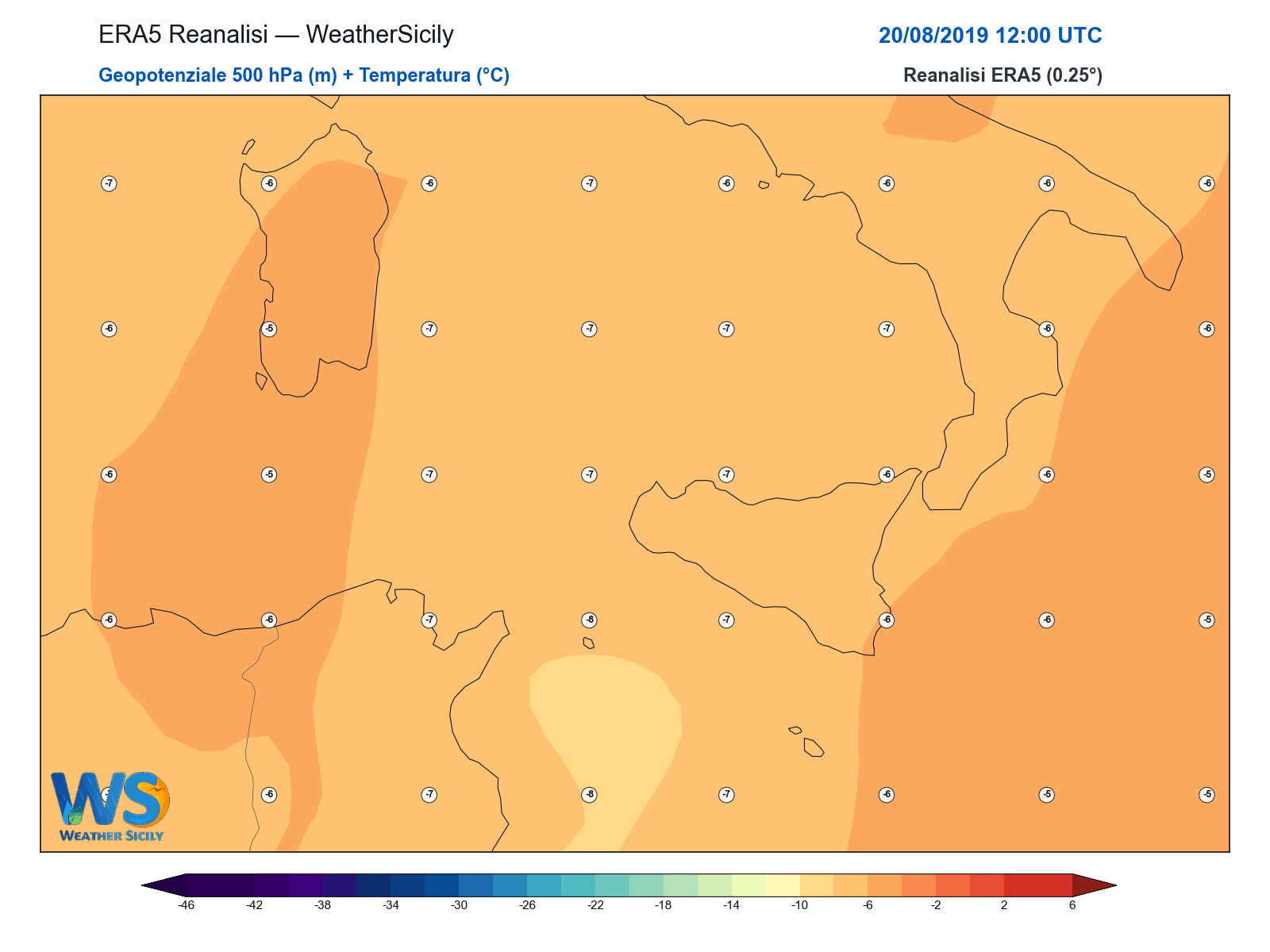 Geopotenziale 500 hPa + Temperatura · 2019082012