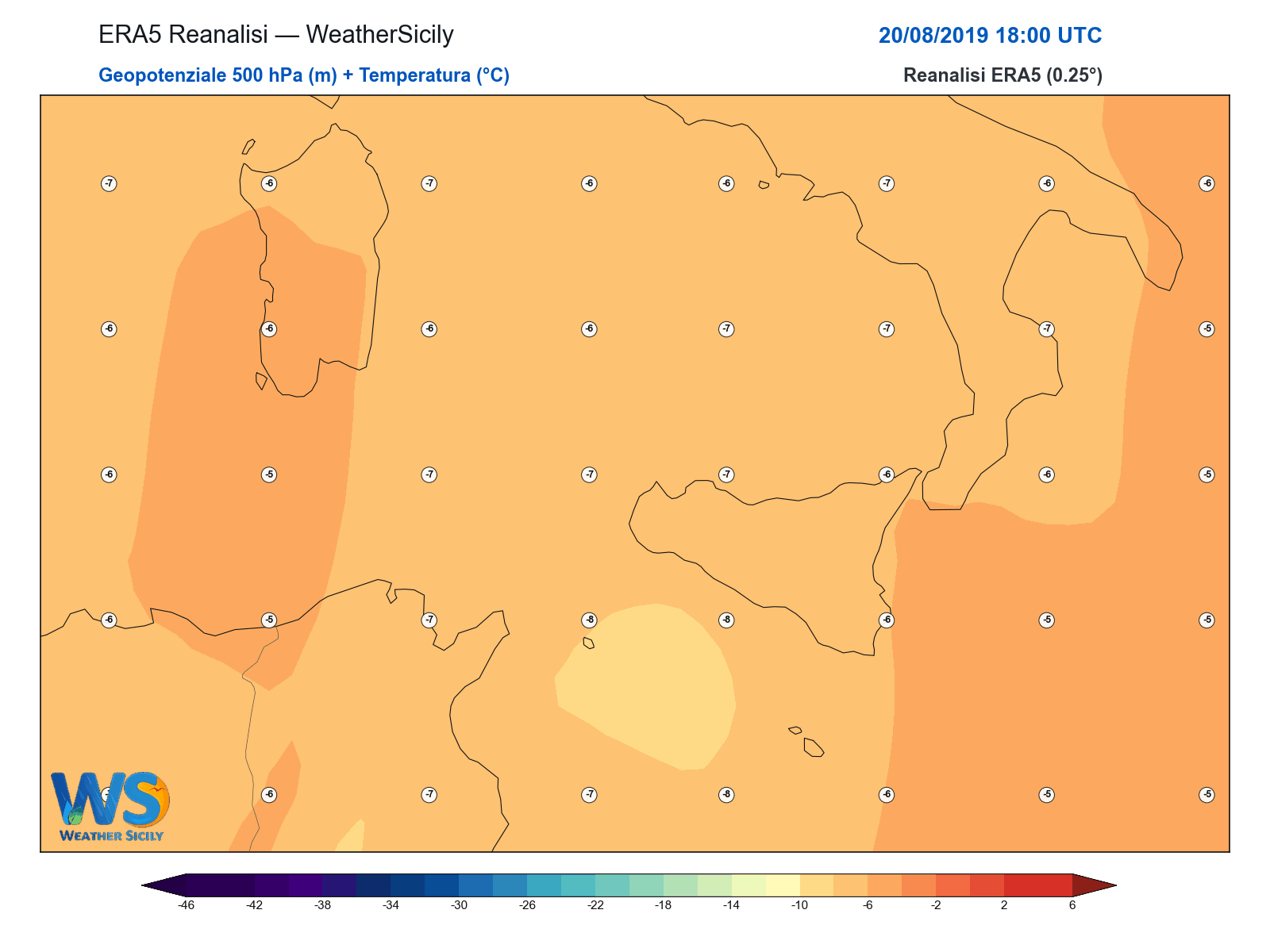 Geopotenziale 500 hPa + Temperatura · 2019082018
