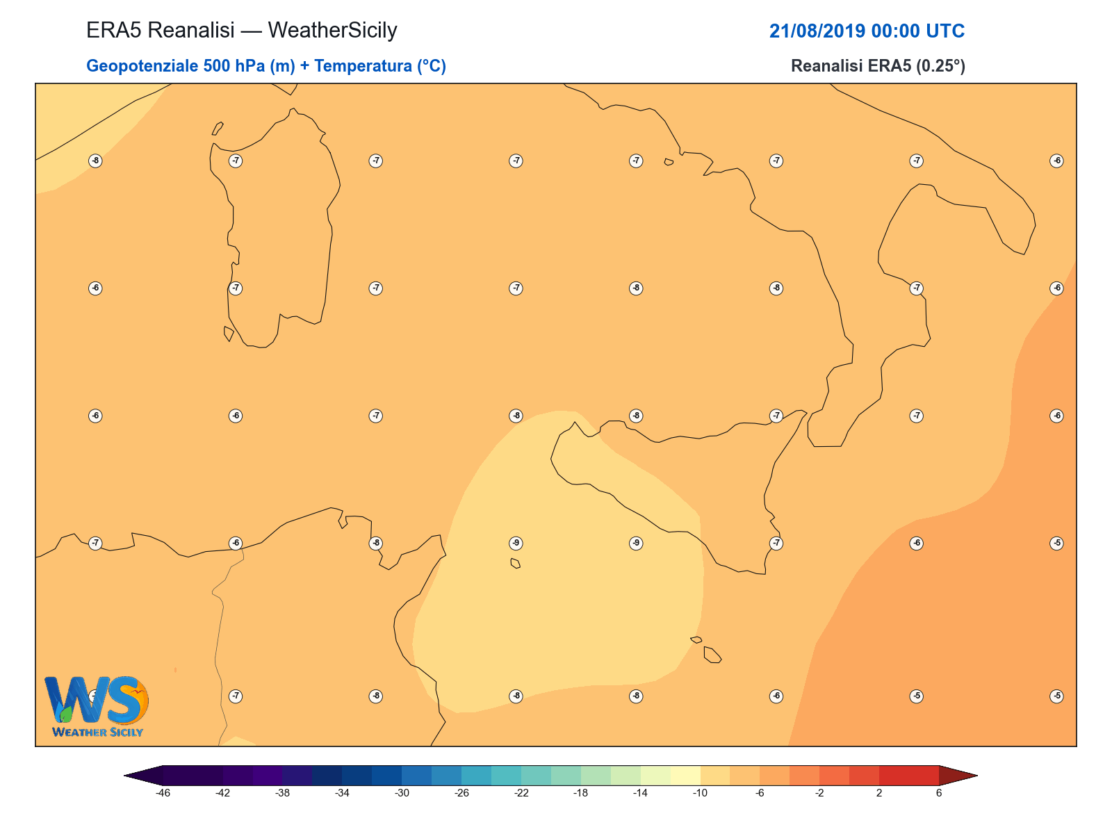 Geopotenziale 500 hPa + Temperatura · 2019082100