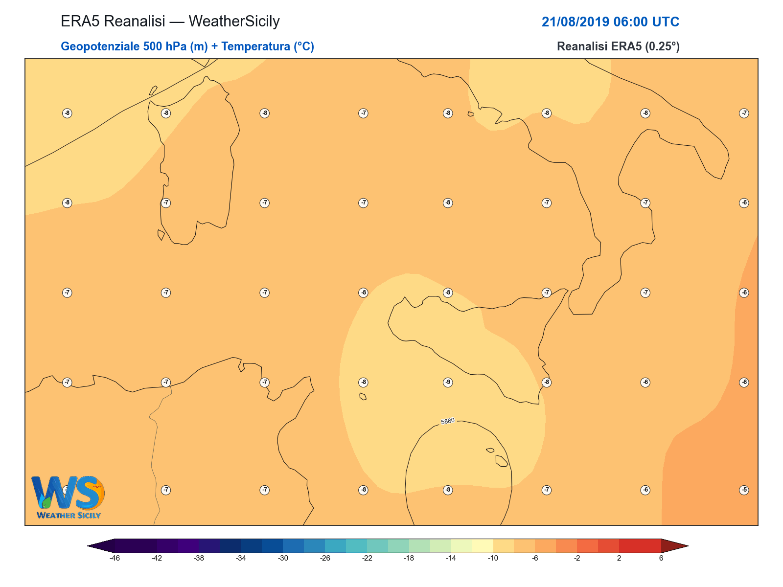 Geopotenziale 500 hPa + Temperatura · 2019082106