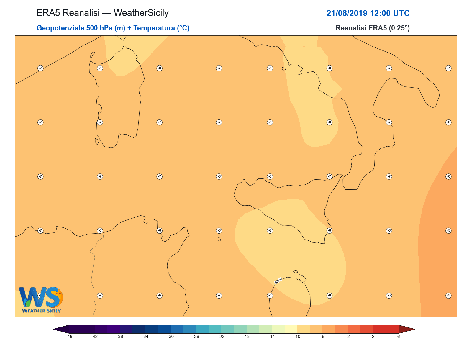 Geopotenziale 500 hPa + Temperatura · 2019082112