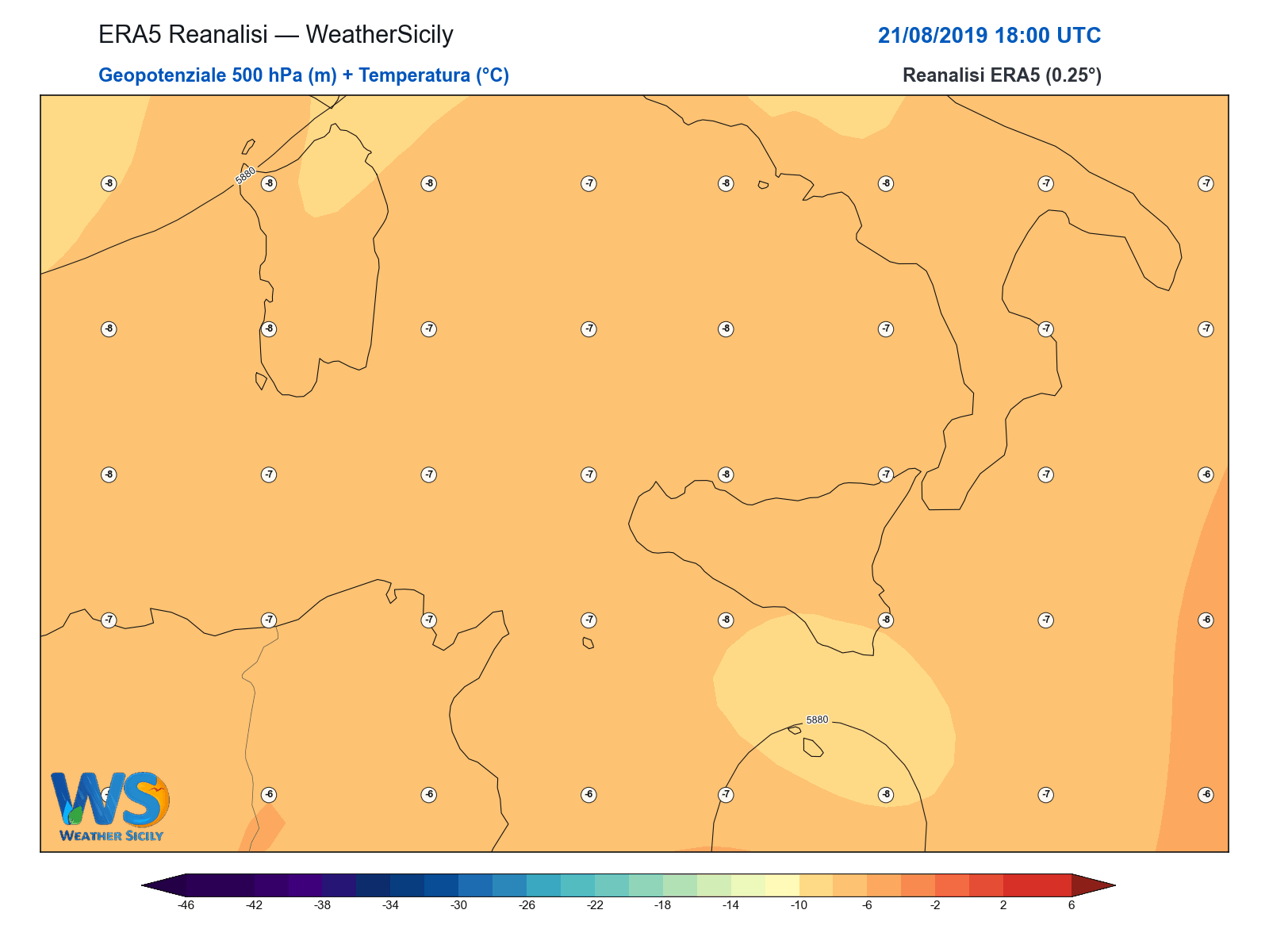 Geopotenziale 500 hPa + Temperatura · 2019082118