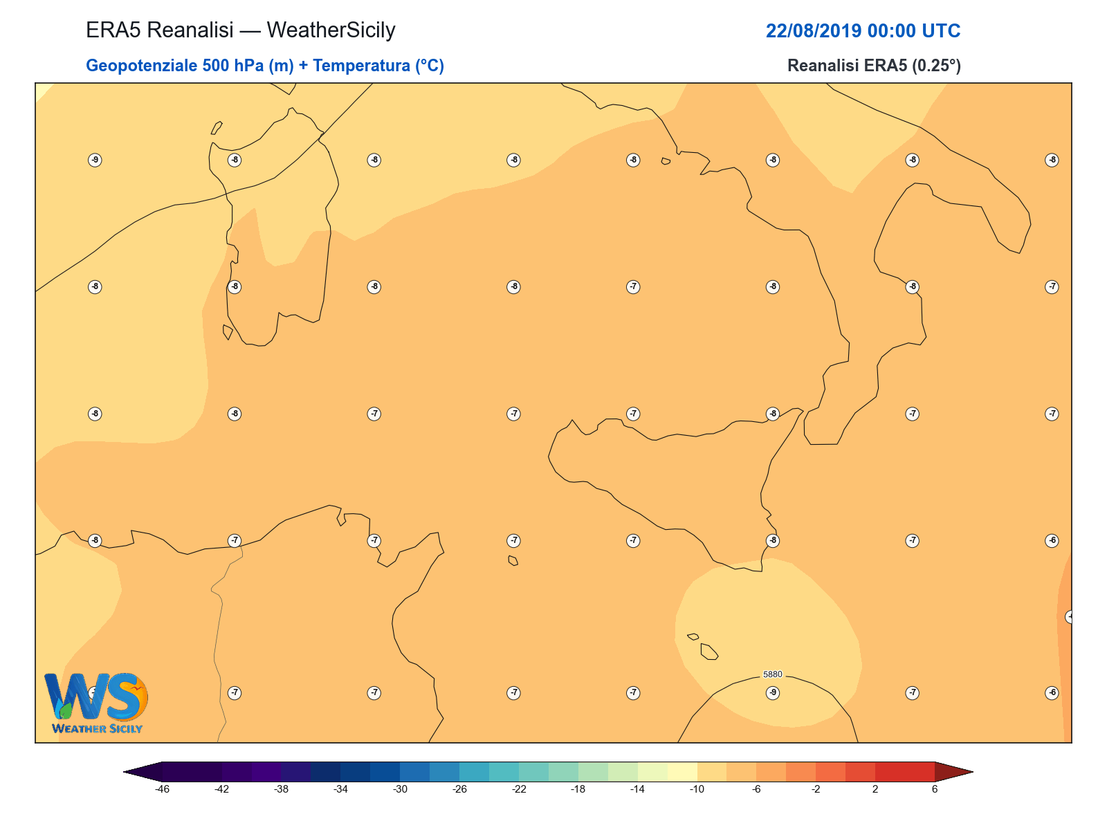 Geopotenziale 500 hPa + Temperatura · 2019082200