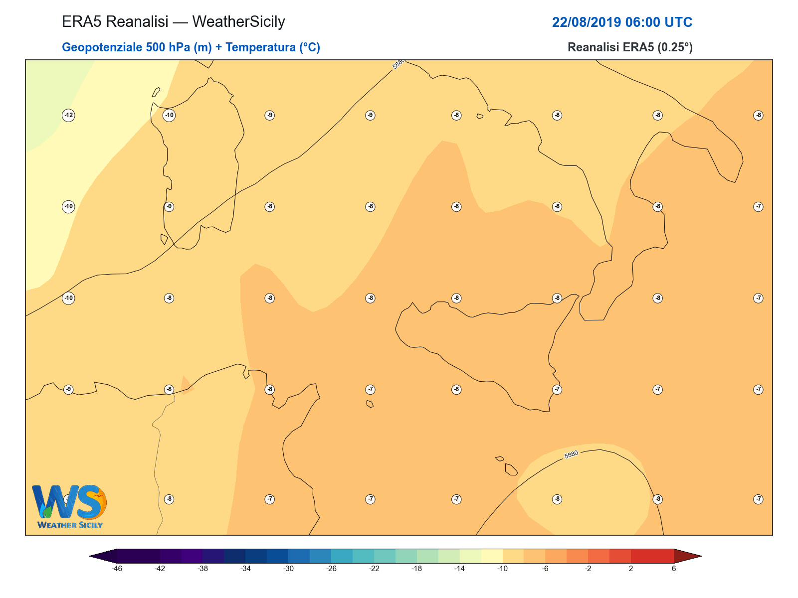 Geopotenziale 500 hPa + Temperatura · 2019082206