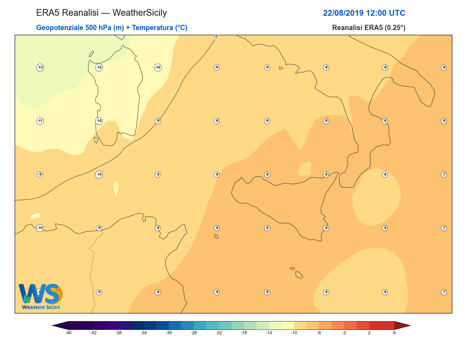 Geopotenziale 500 hPa + Temperatura · 2019082212