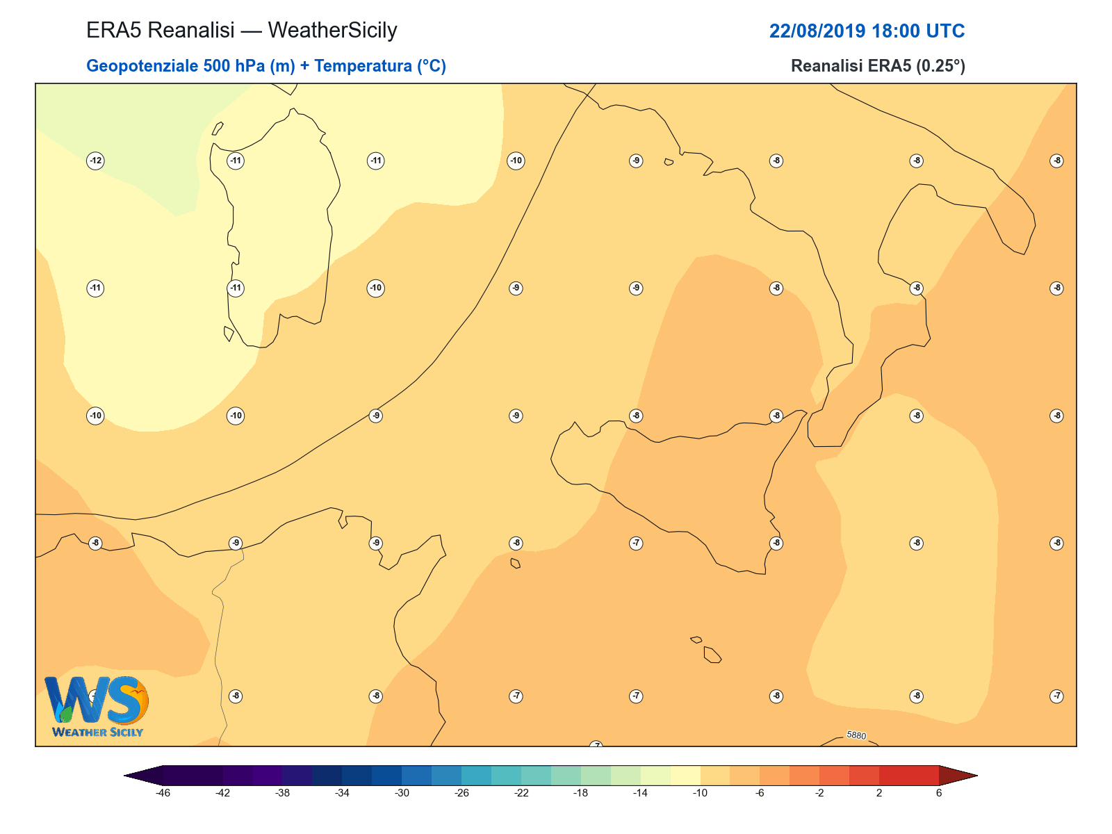 Geopotenziale 500 hPa + Temperatura · 2019082218