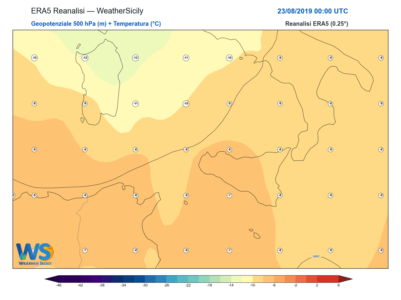Geopotenziale 500 hPa + Temperatura · 2019082300