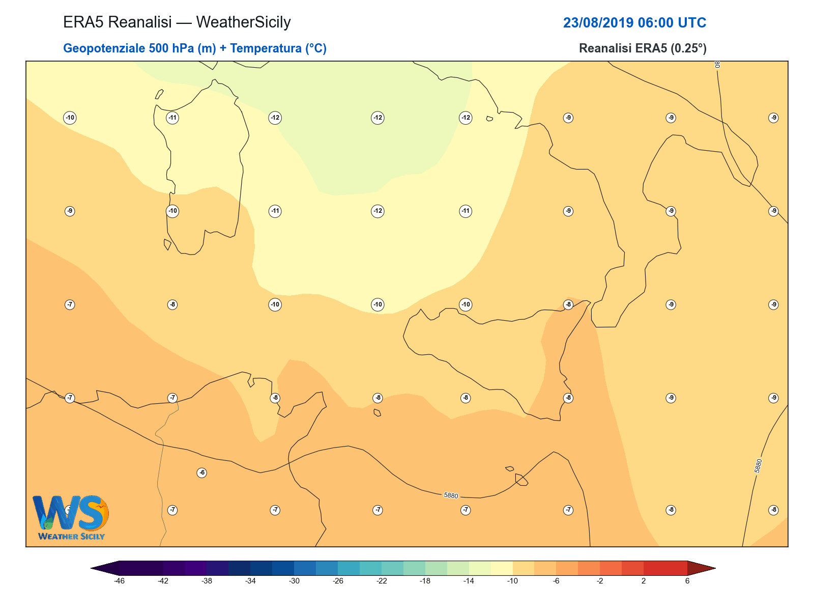 Geopotenziale 500 hPa + Temperatura · 2019082306