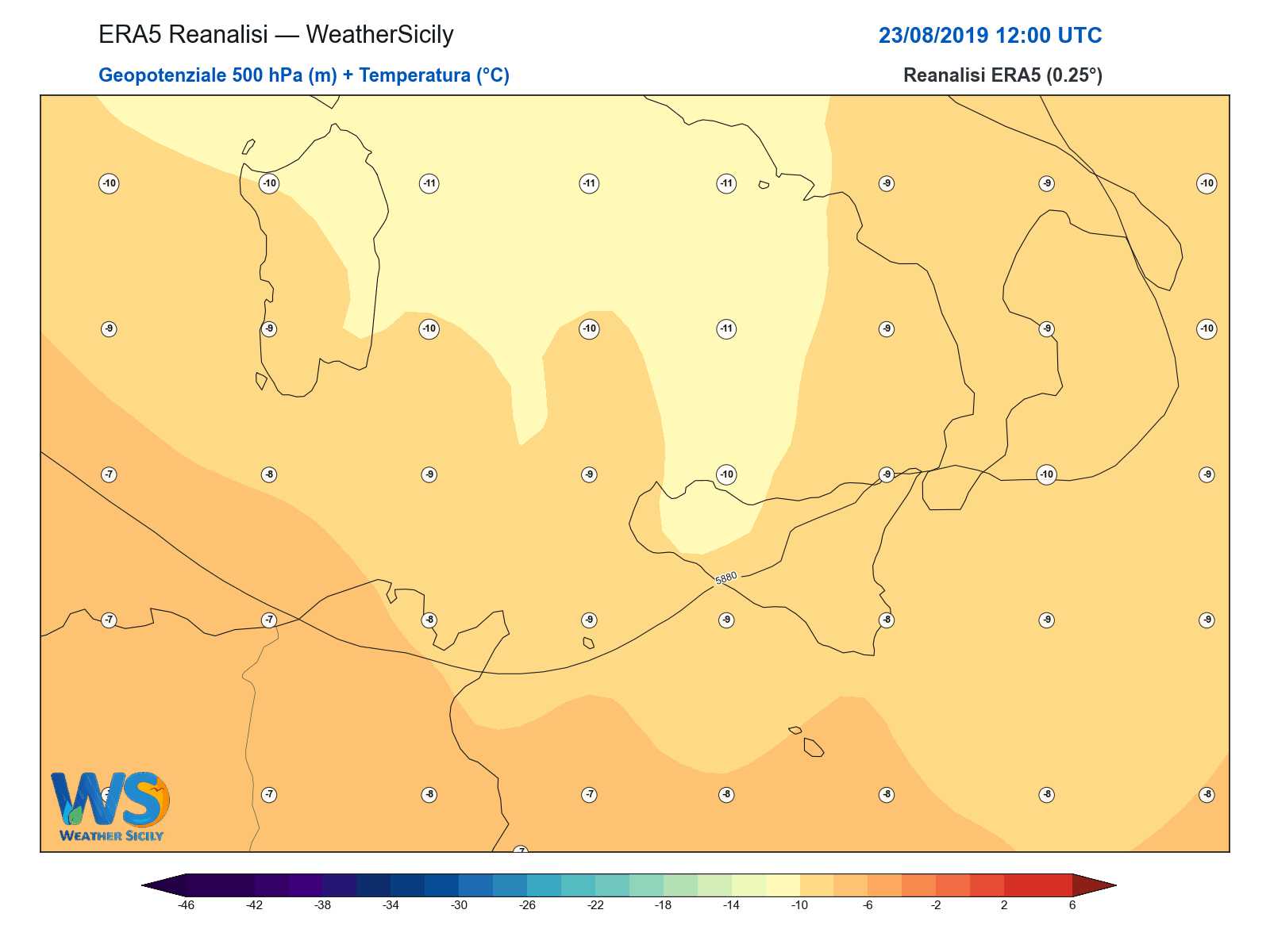 Geopotenziale 500 hPa + Temperatura · 2019082312