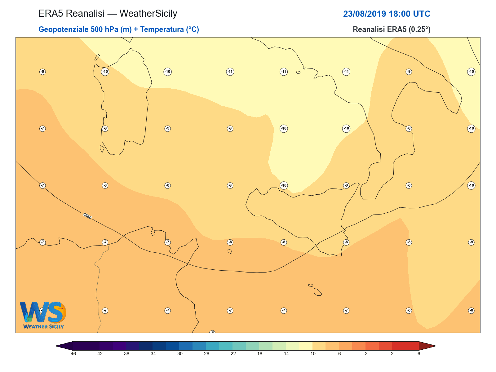 Geopotenziale 500 hPa + Temperatura · 2019082318