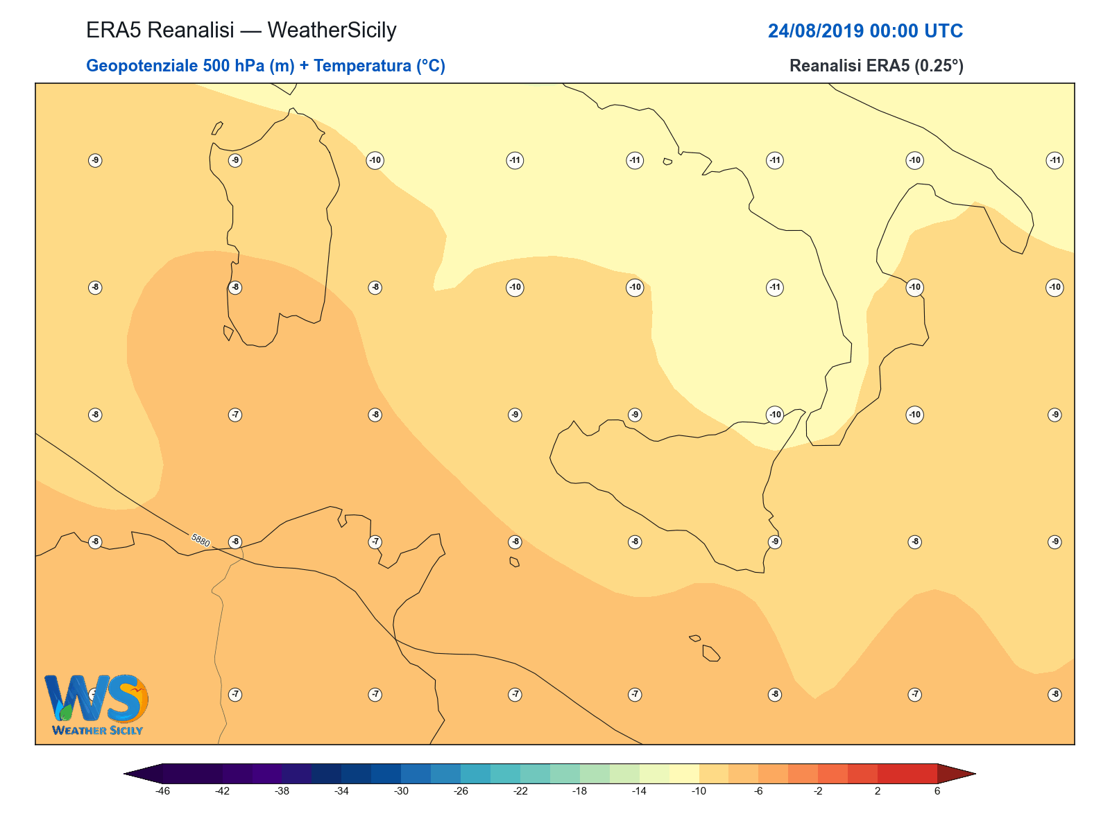 Geopotenziale 500 hPa + Temperatura · 2019082400