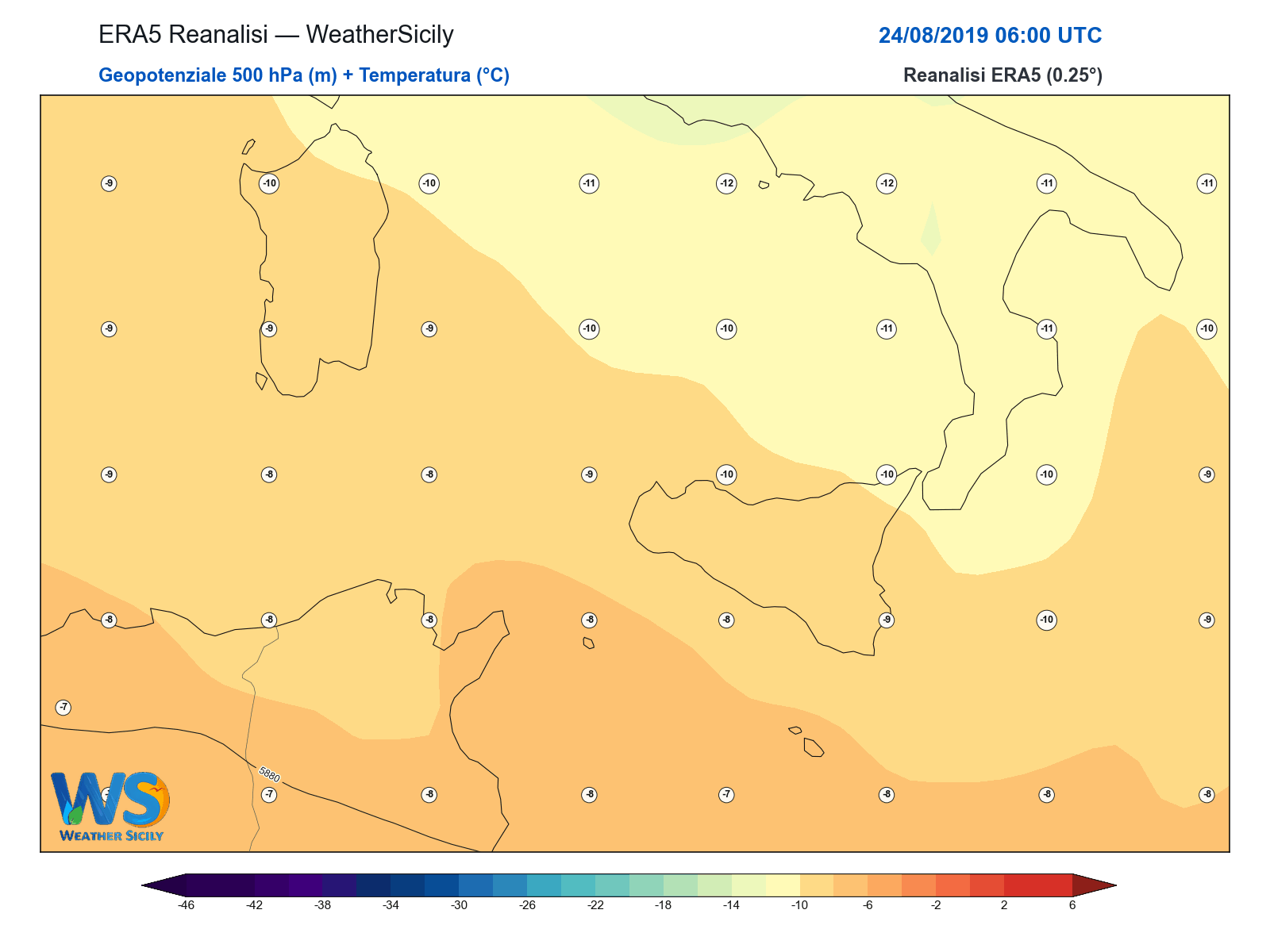 Geopotenziale 500 hPa + Temperatura · 2019082406