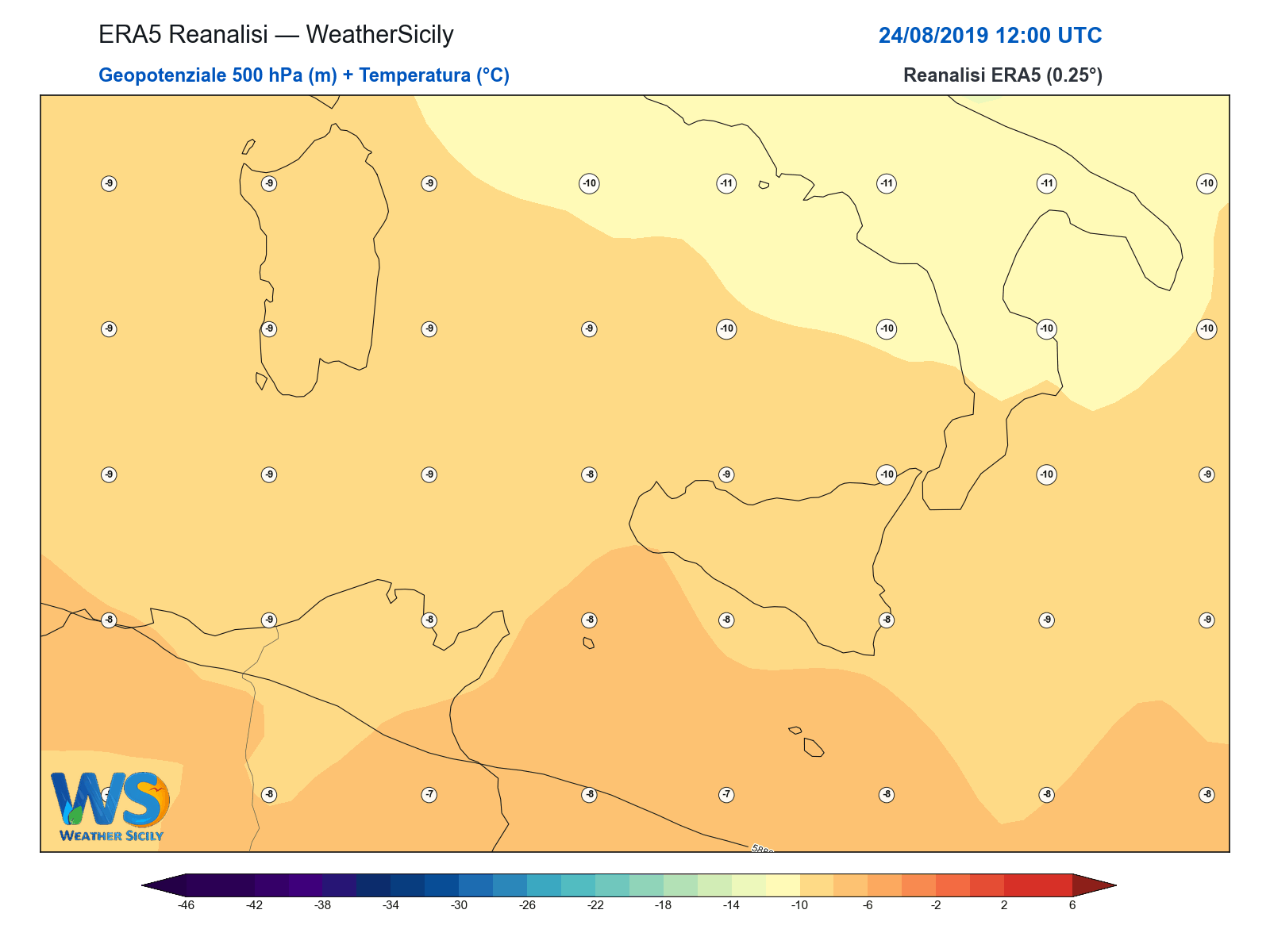 Geopotenziale 500 hPa + Temperatura · 2019082412
