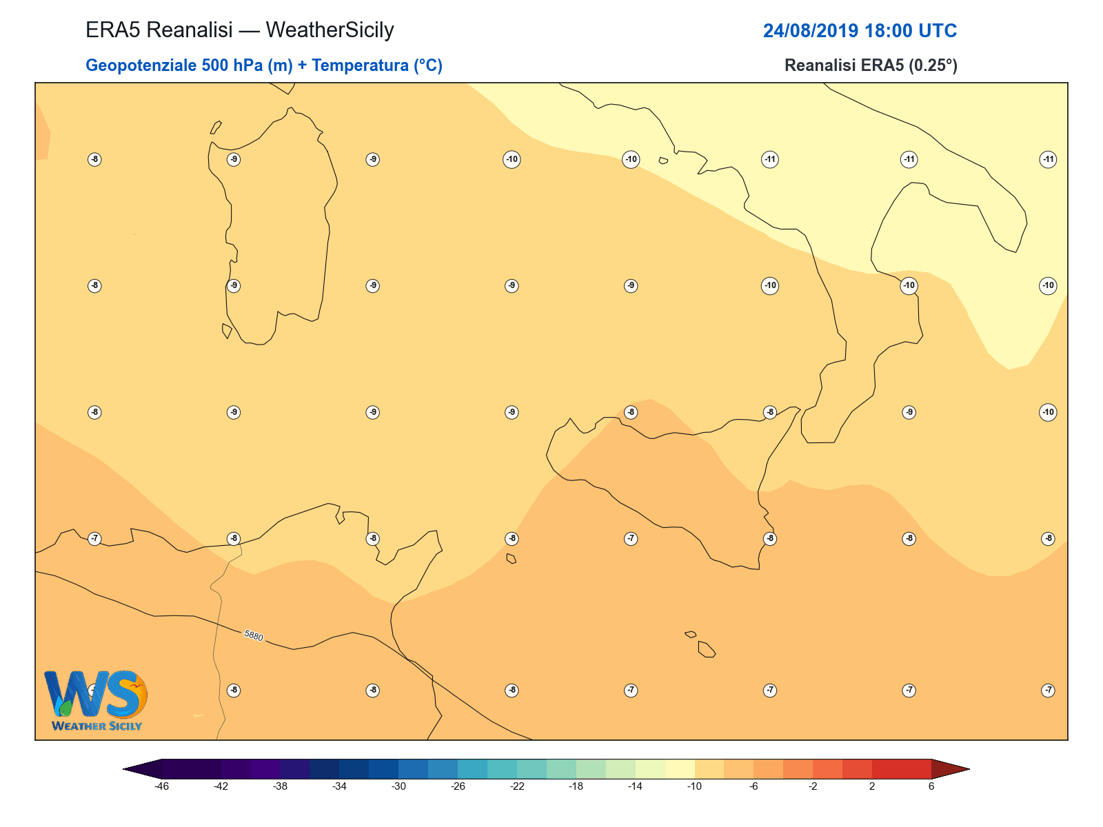 Geopotenziale 500 hPa + Temperatura · 2019082418