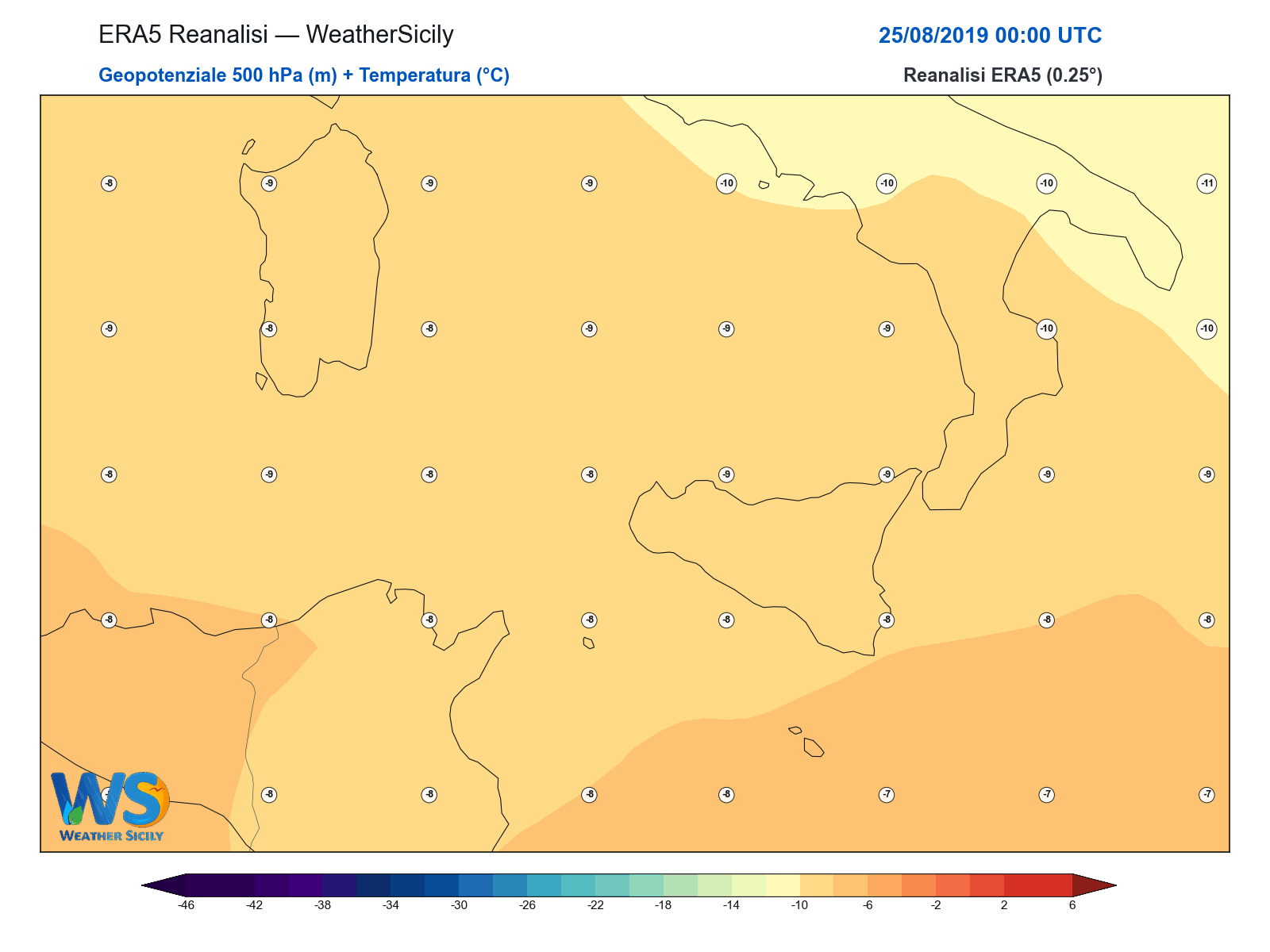Geopotenziale 500 hPa + Temperatura · 2019082500