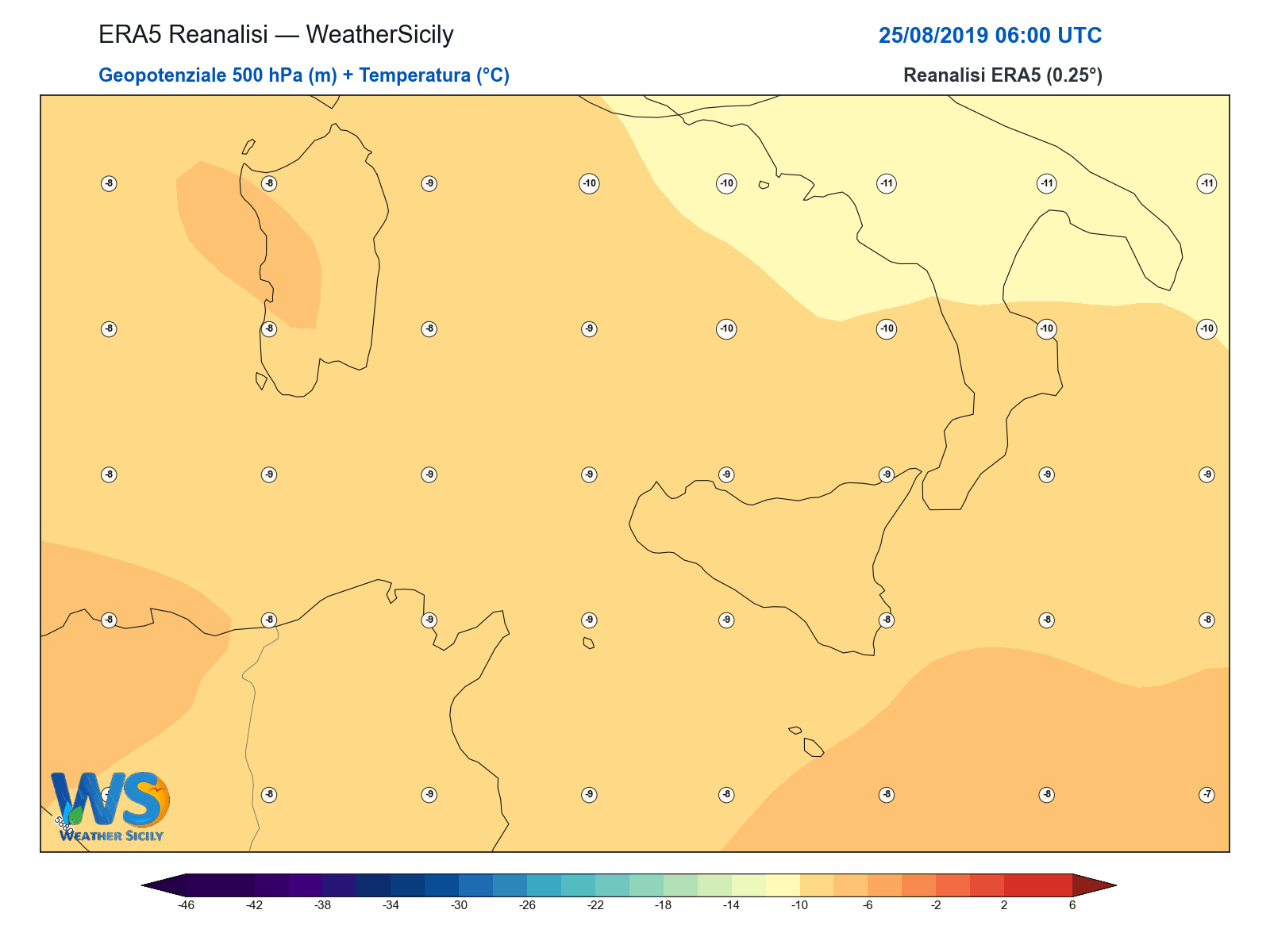 Geopotenziale 500 hPa + Temperatura · 2019082506
