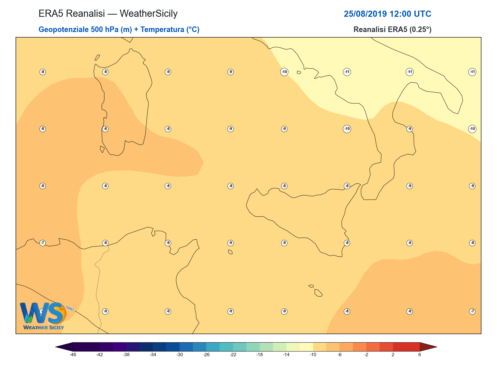 Geopotenziale 500 hPa + Temperatura · 2019082512