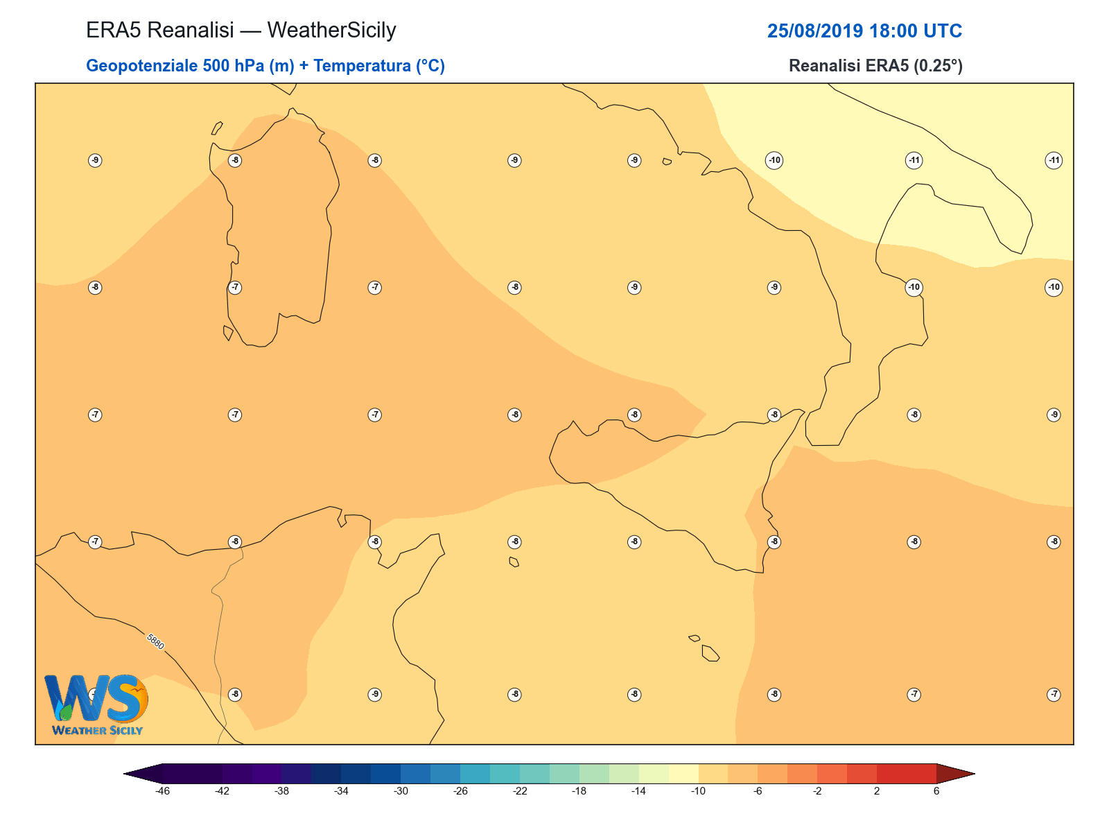 Geopotenziale 500 hPa + Temperatura · 2019082518