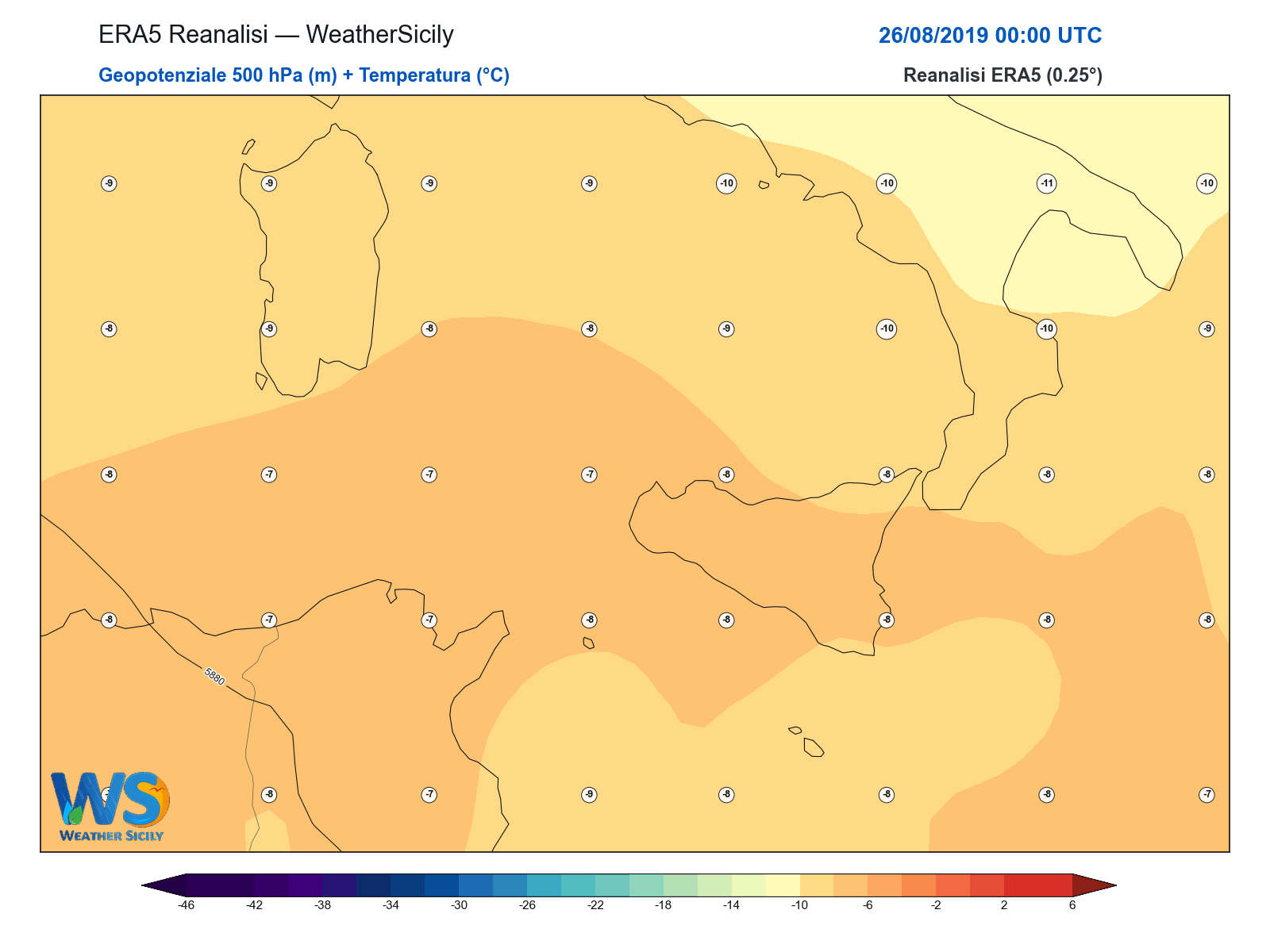 Geopotenziale 500 hPa + Temperatura · 2019082600