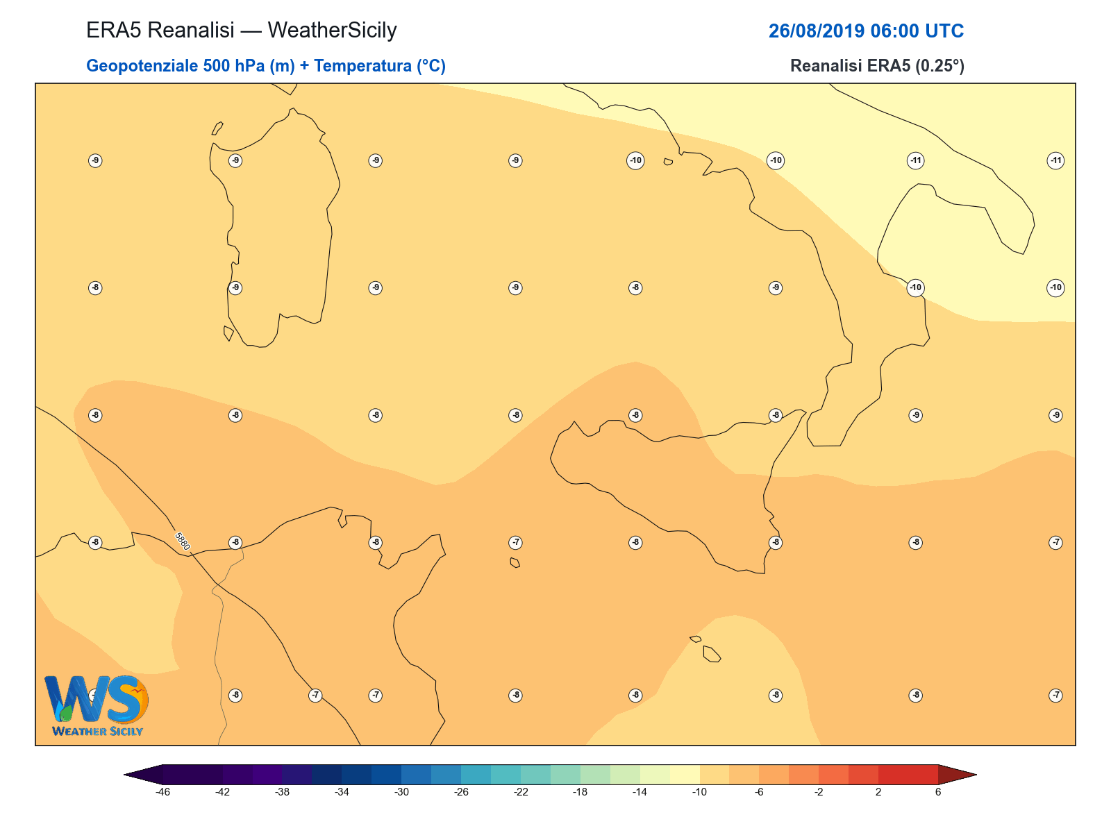 Geopotenziale 500 hPa + Temperatura · 2019082606