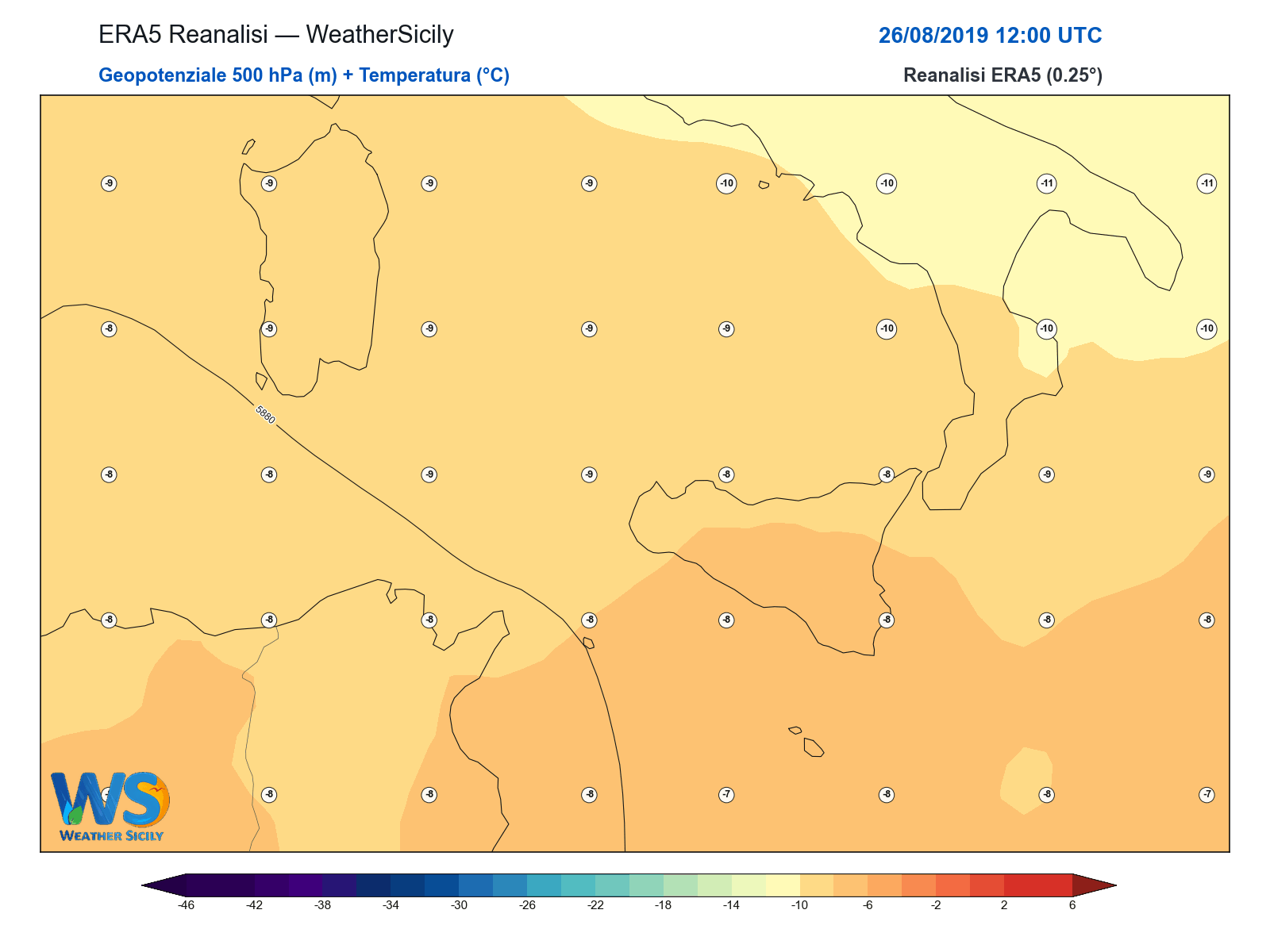 Geopotenziale 500 hPa + Temperatura · 2019082612