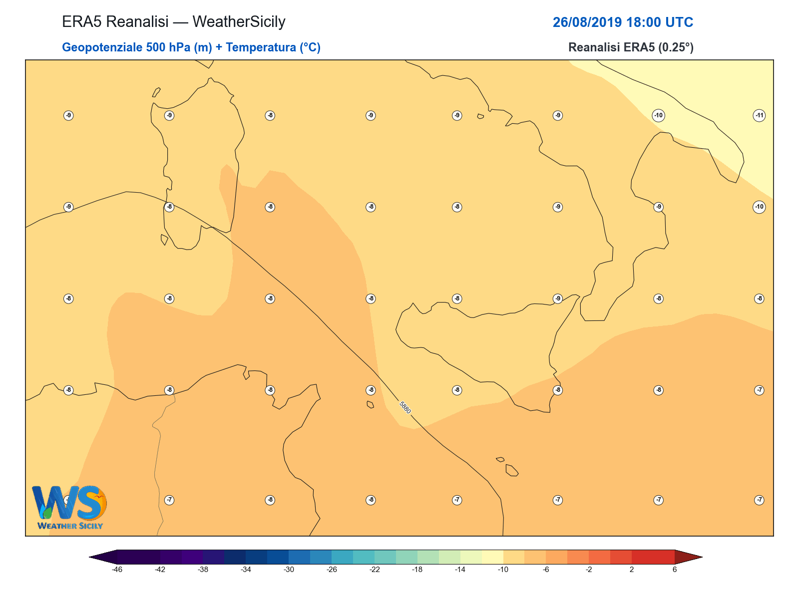 Geopotenziale 500 hPa + Temperatura · 2019082618