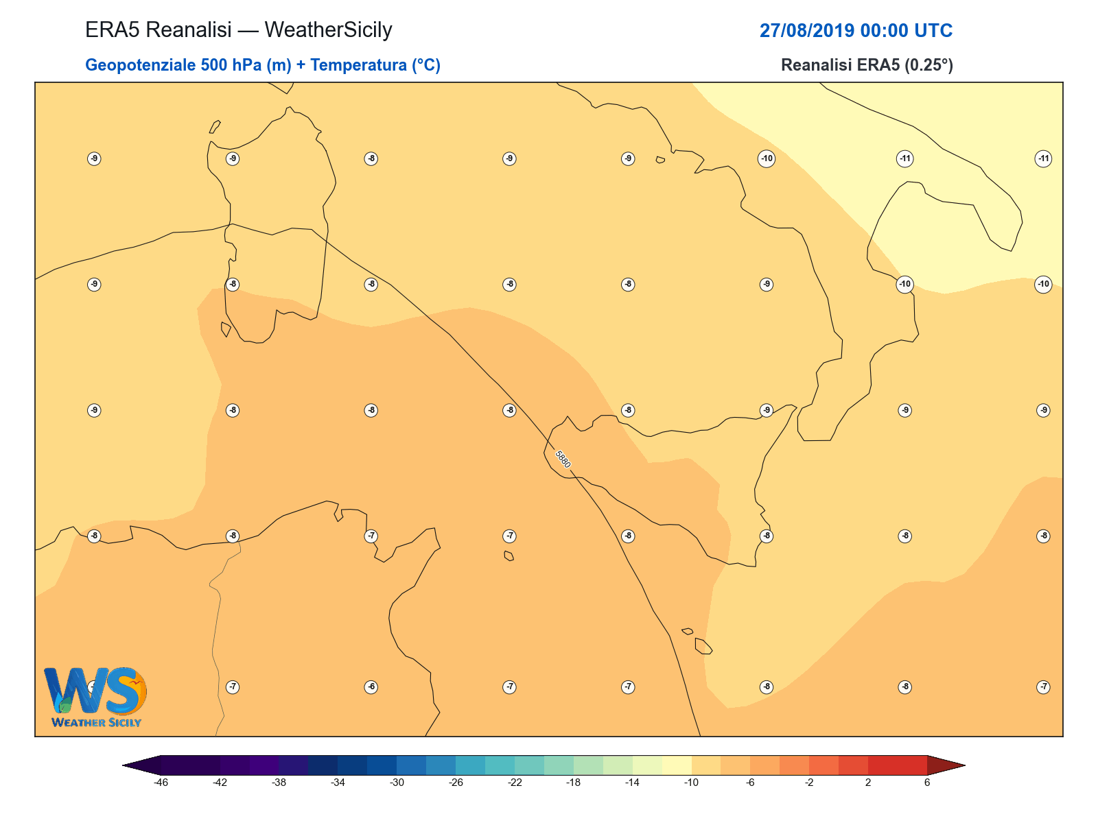 Geopotenziale 500 hPa + Temperatura · 2019082700