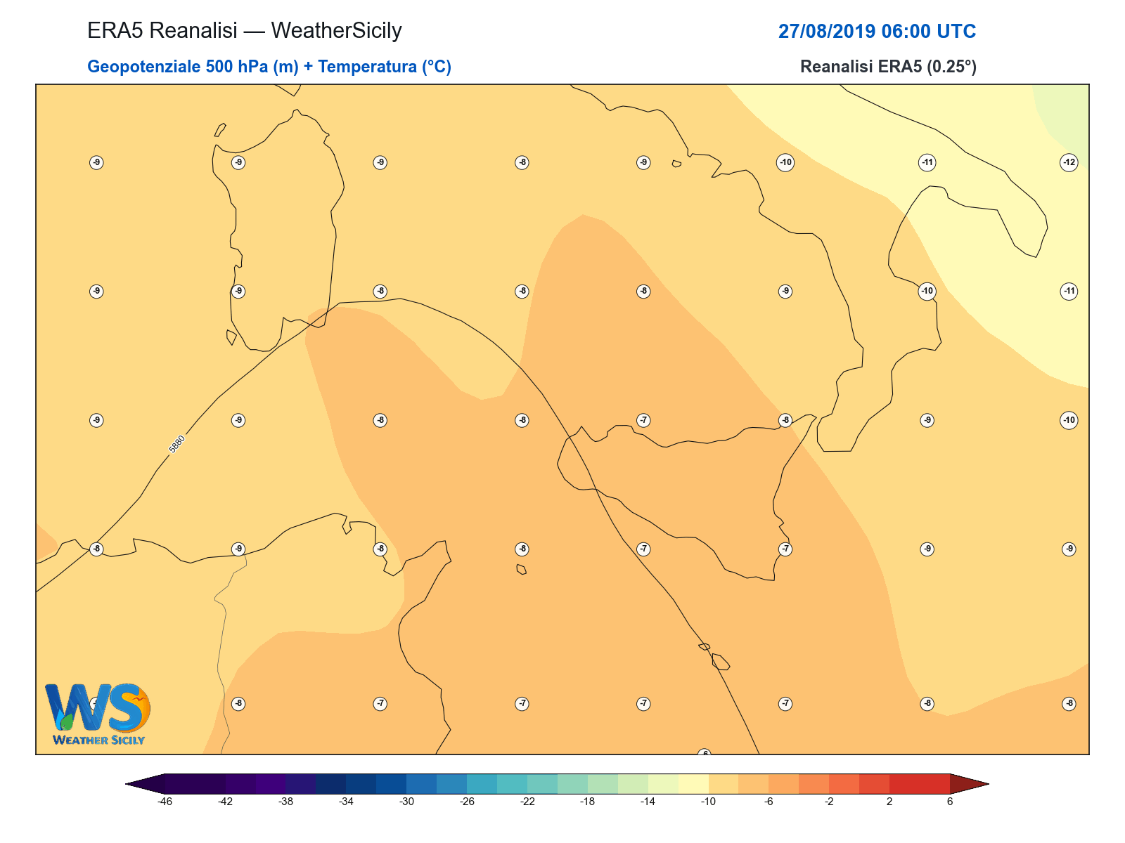 Geopotenziale 500 hPa + Temperatura · 2019082706