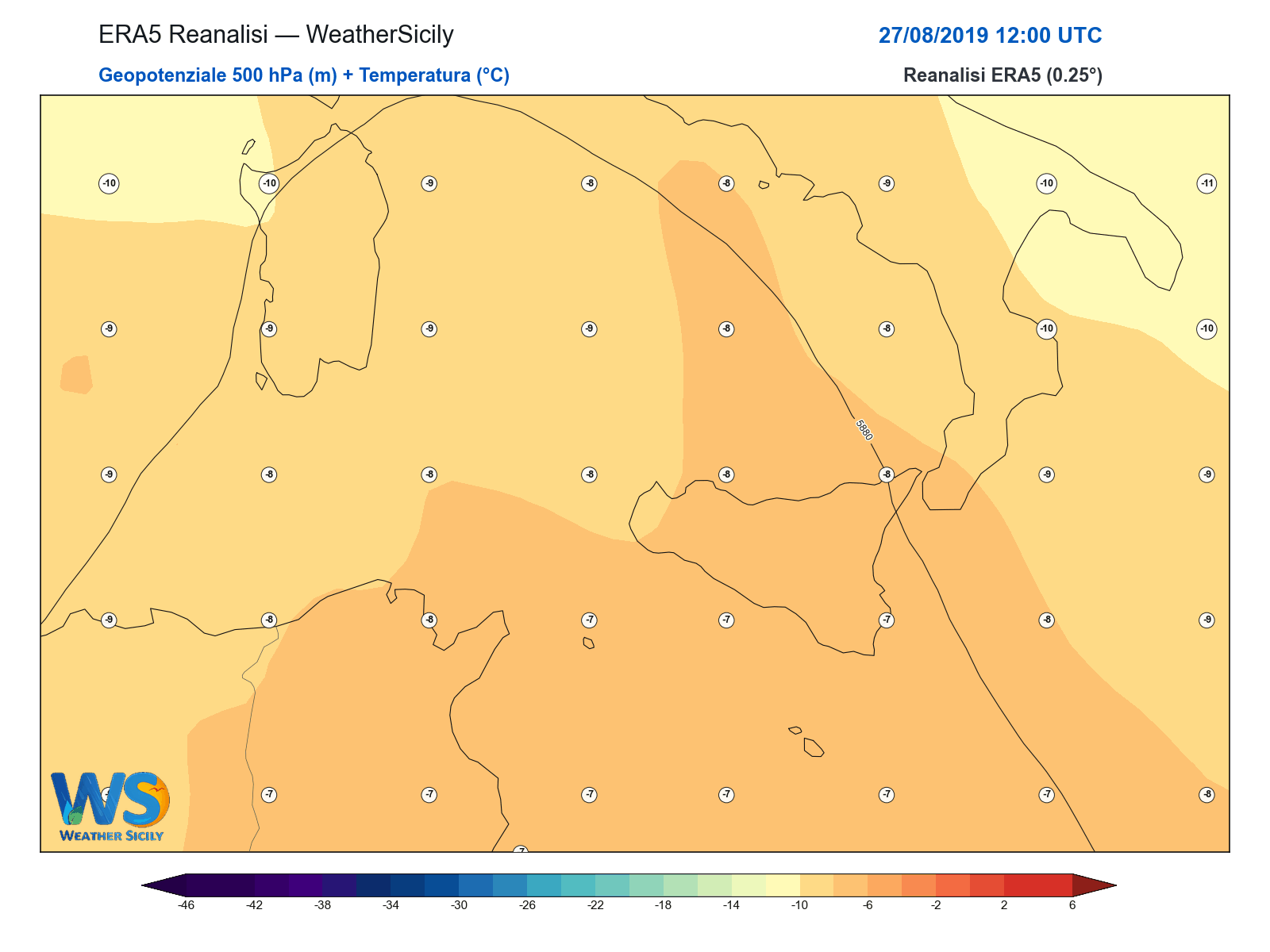 Geopotenziale 500 hPa + Temperatura · 2019082712