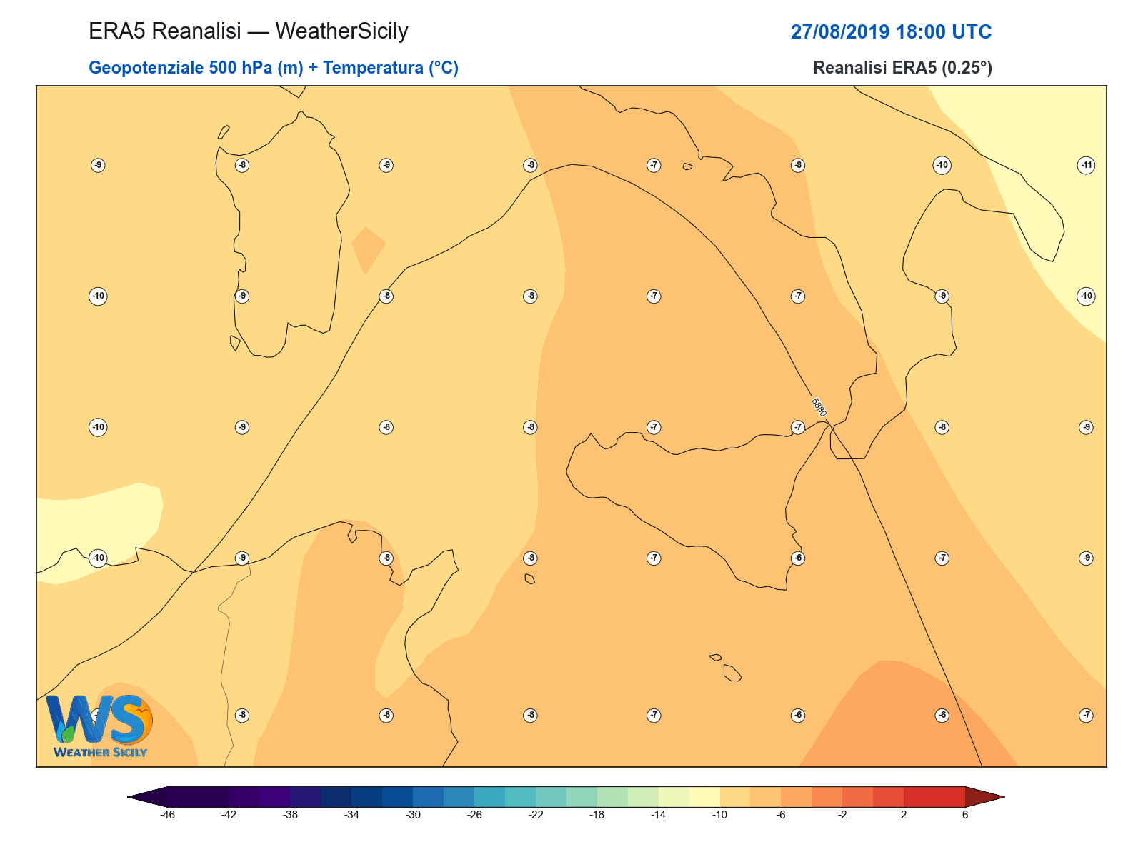 Geopotenziale 500 hPa + Temperatura · 2019082718