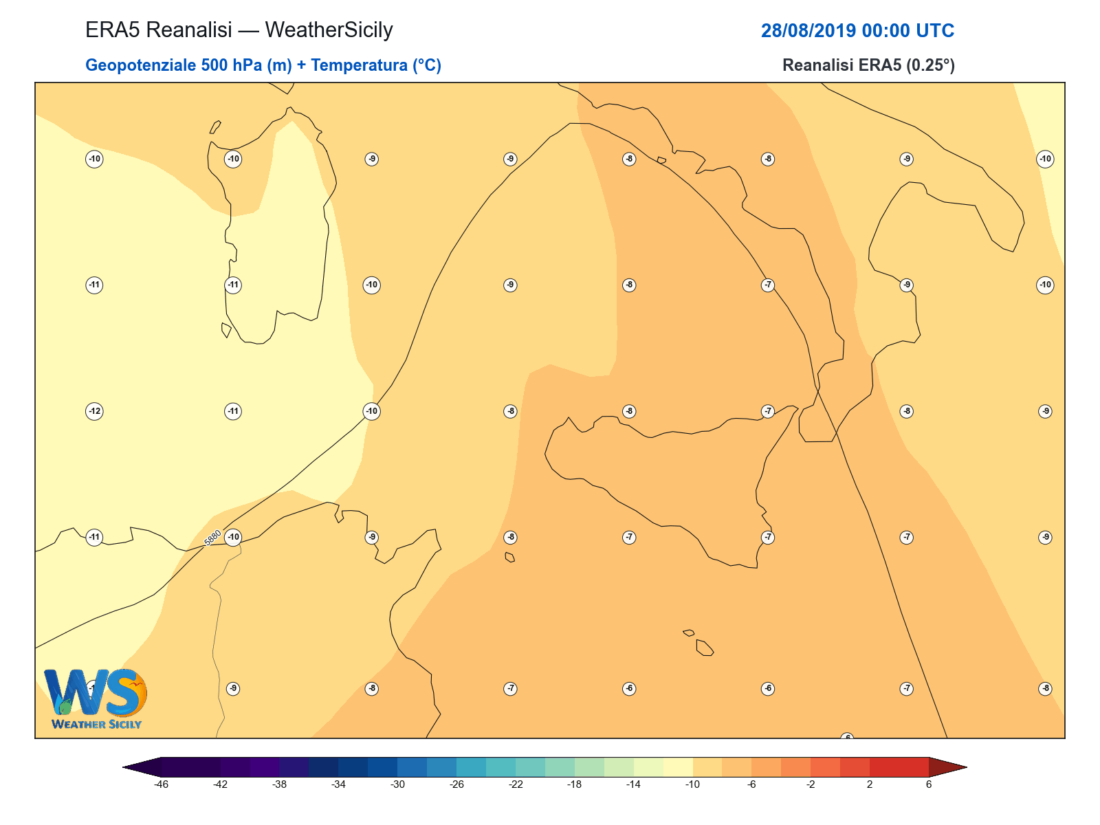 Geopotenziale 500 hPa + Temperatura · 2019082800