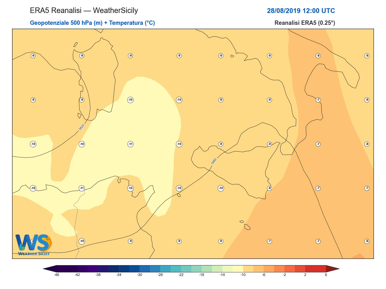 Geopotenziale 500 hPa + Temperatura · 2019082812
