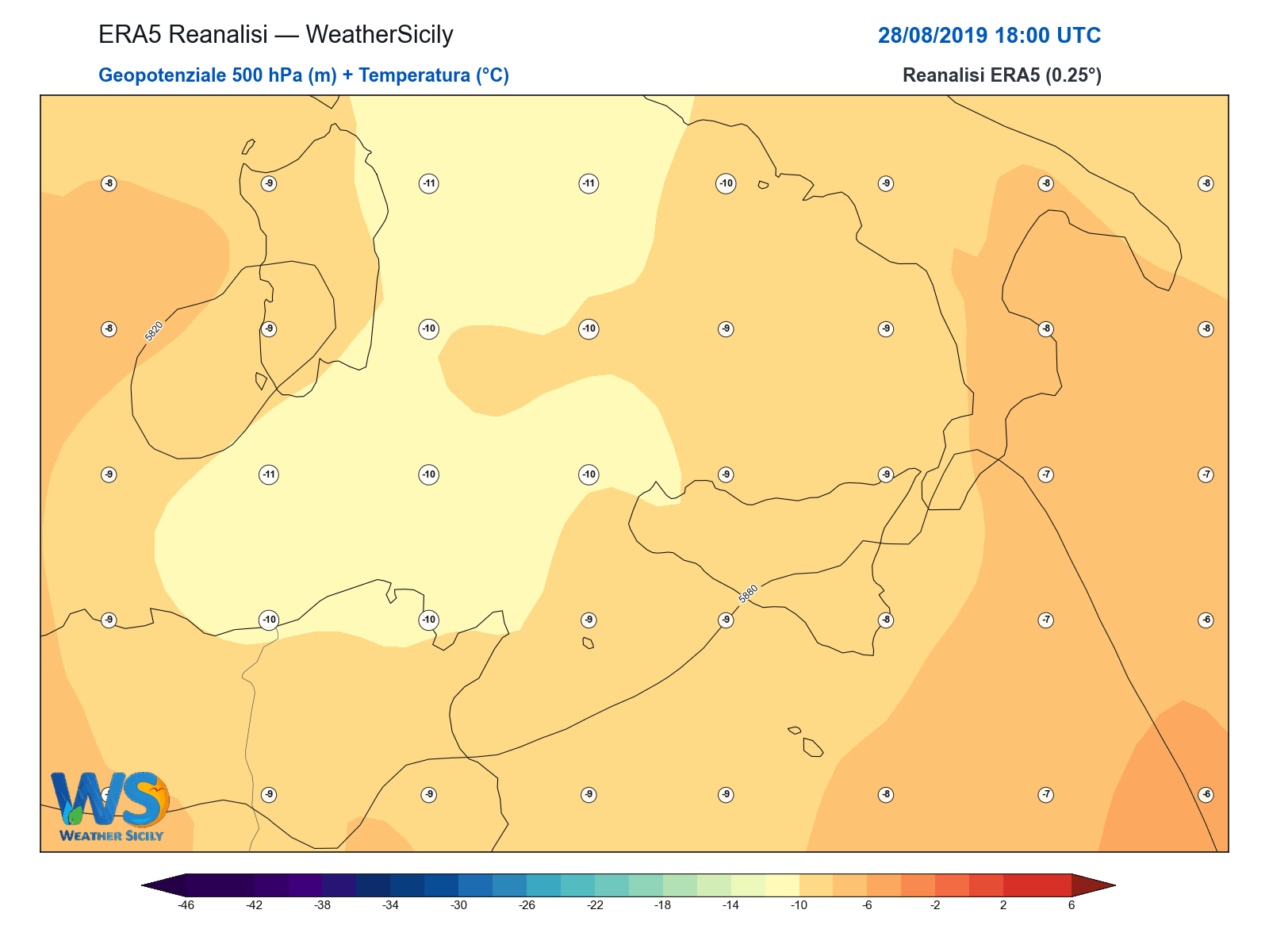 Geopotenziale 500 hPa + Temperatura · 2019082818