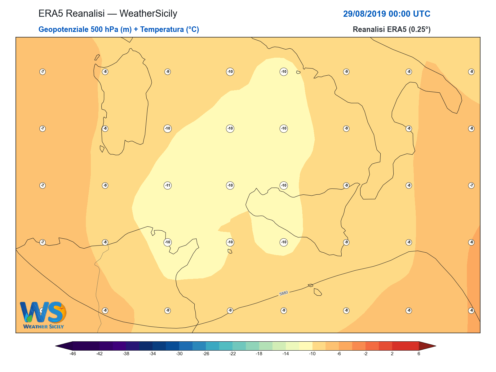 Geopotenziale 500 hPa + Temperatura · 2019082900