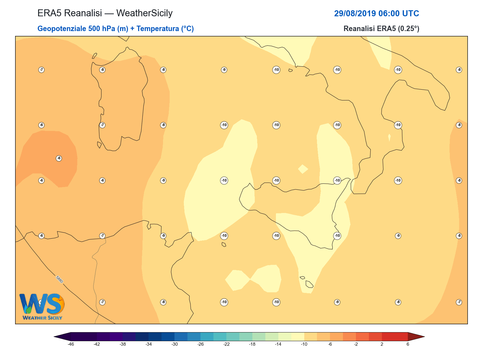 Geopotenziale 500 hPa + Temperatura · 2019082906