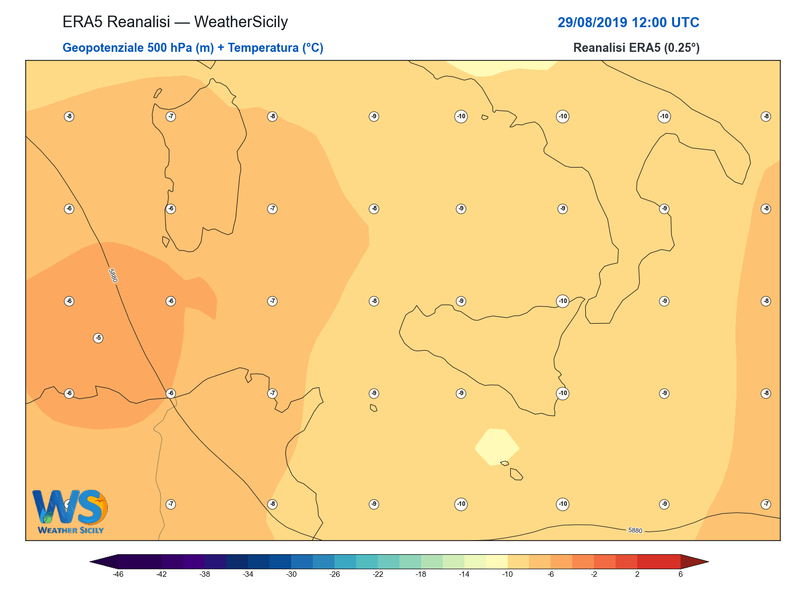 Geopotenziale 500 hPa + Temperatura · 2019082912