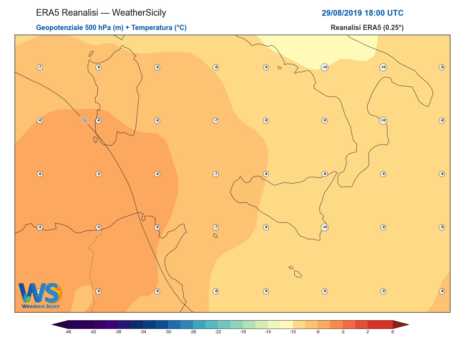 Geopotenziale 500 hPa + Temperatura · 2019082918